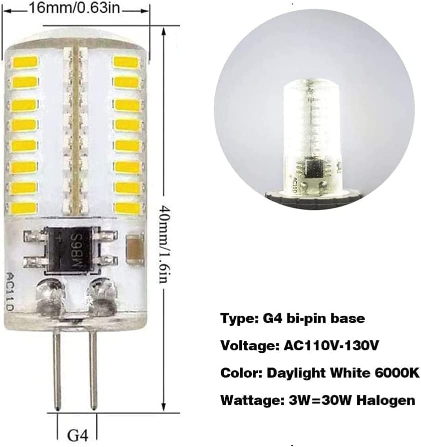 ZHENMING G4 LED Bulb 3W Dimmable 6000K Cool White - 120V, Pack of 5 (Halogen Equivalent)