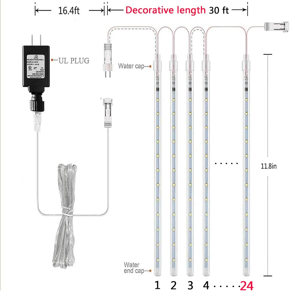 Outdoor Christmas Decorations, 24 Tubes(Equivalent To 3 Sets Of 12Inch 8-Tubes) Meteor Shower Lights Snow Falling Icicle Christm