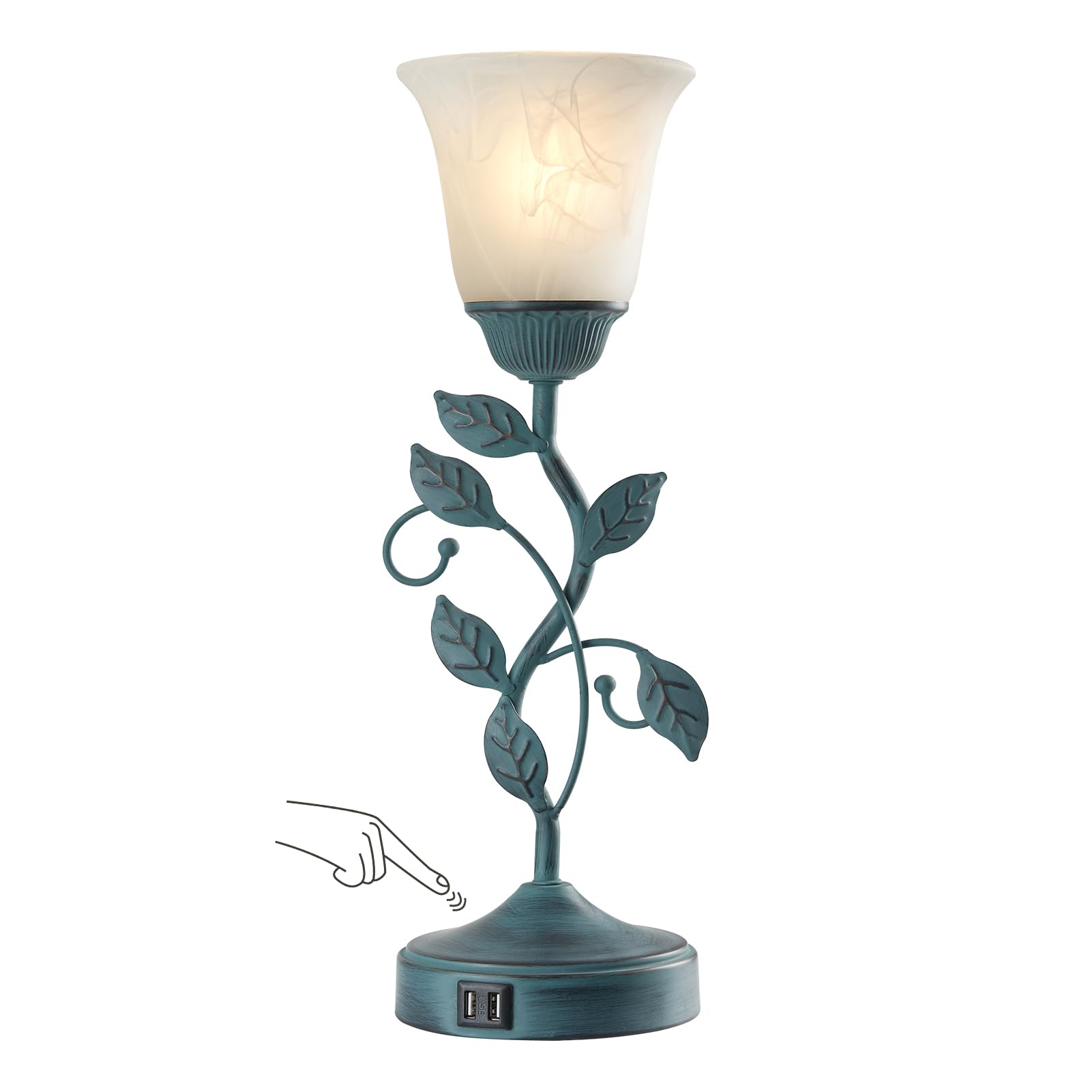 RORIANO Vintage Touch Table Lamp for Living Room, 3-Way Dimmable Nightstand Lamp with 2 USB Ports, Farmhouse Rustic White Glass 