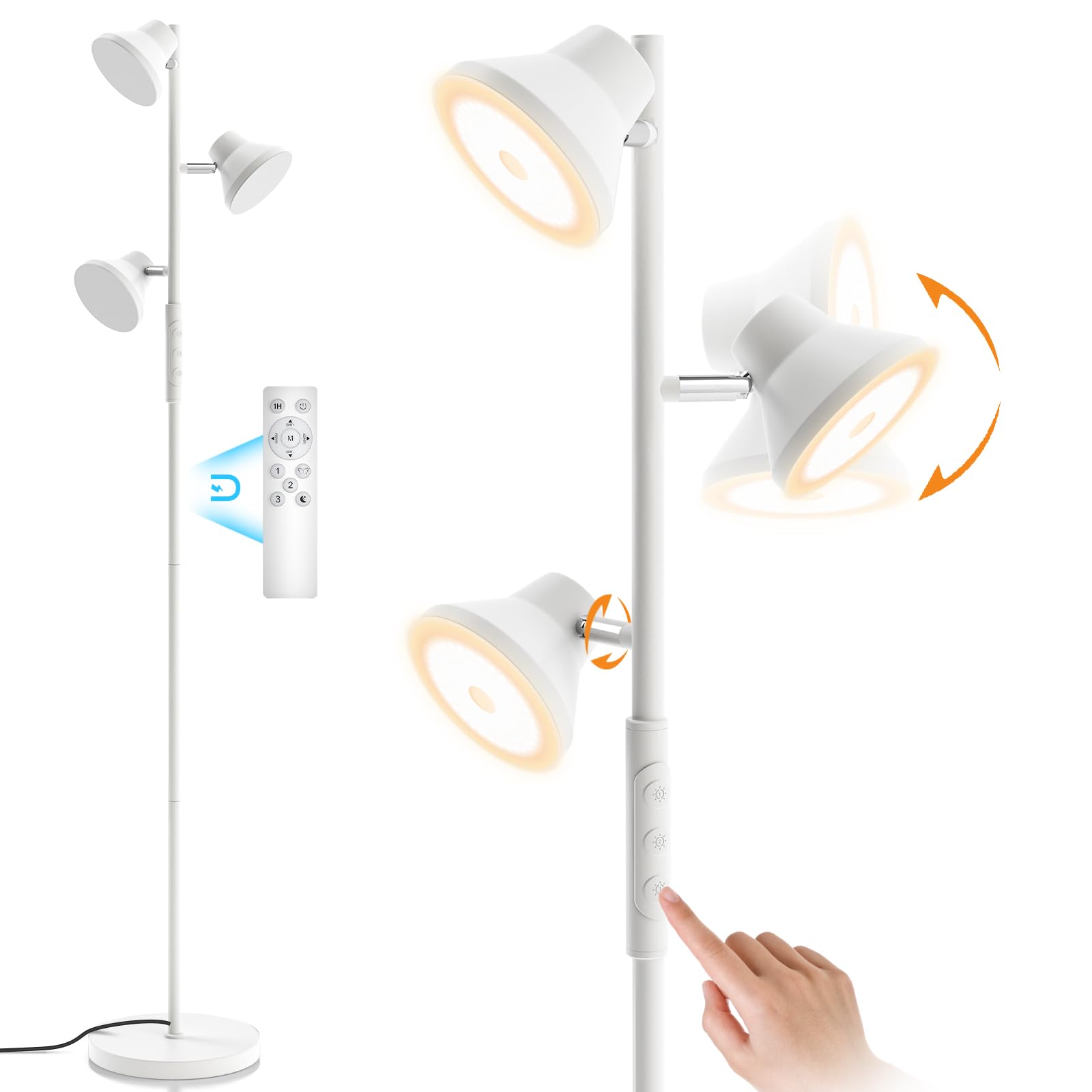 Sibrille White Floor Lamp, 36W Modern Dimmable Standing Lamp 2700-6500K, 3 Rotatable Led Lights Reading Tall Lamp, Touch & Remot
