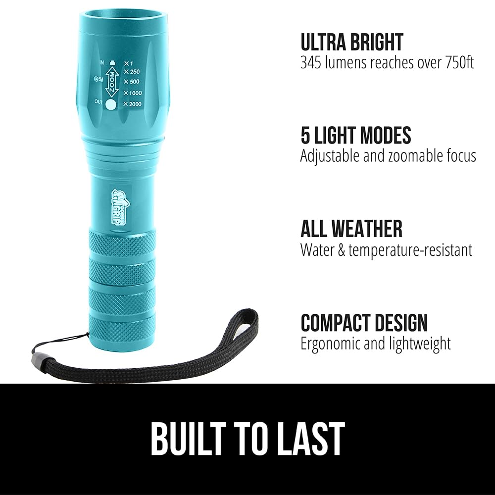 Gorilla Grip LED Tactical Handheld Flashlight - 750 FT Zoom, 5 Modes, Water Resistant, Ultra Bright, Turquoise, Model 840029670934