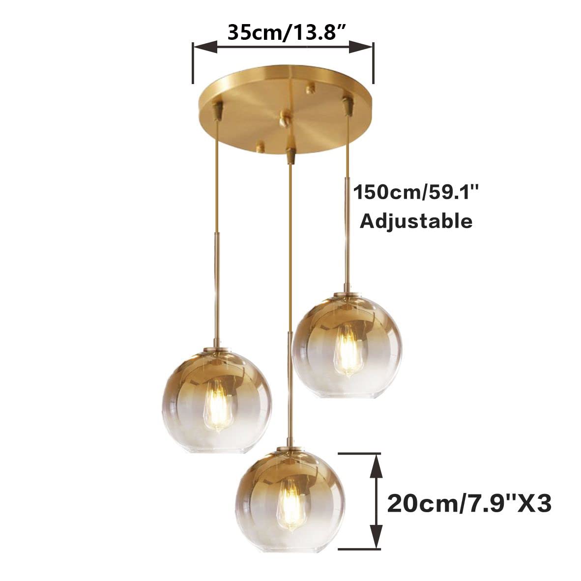 KCO 3 Light Globe Cluster Pendant Light Fixture, Modern Gold Glass, 20cm, Model L1106