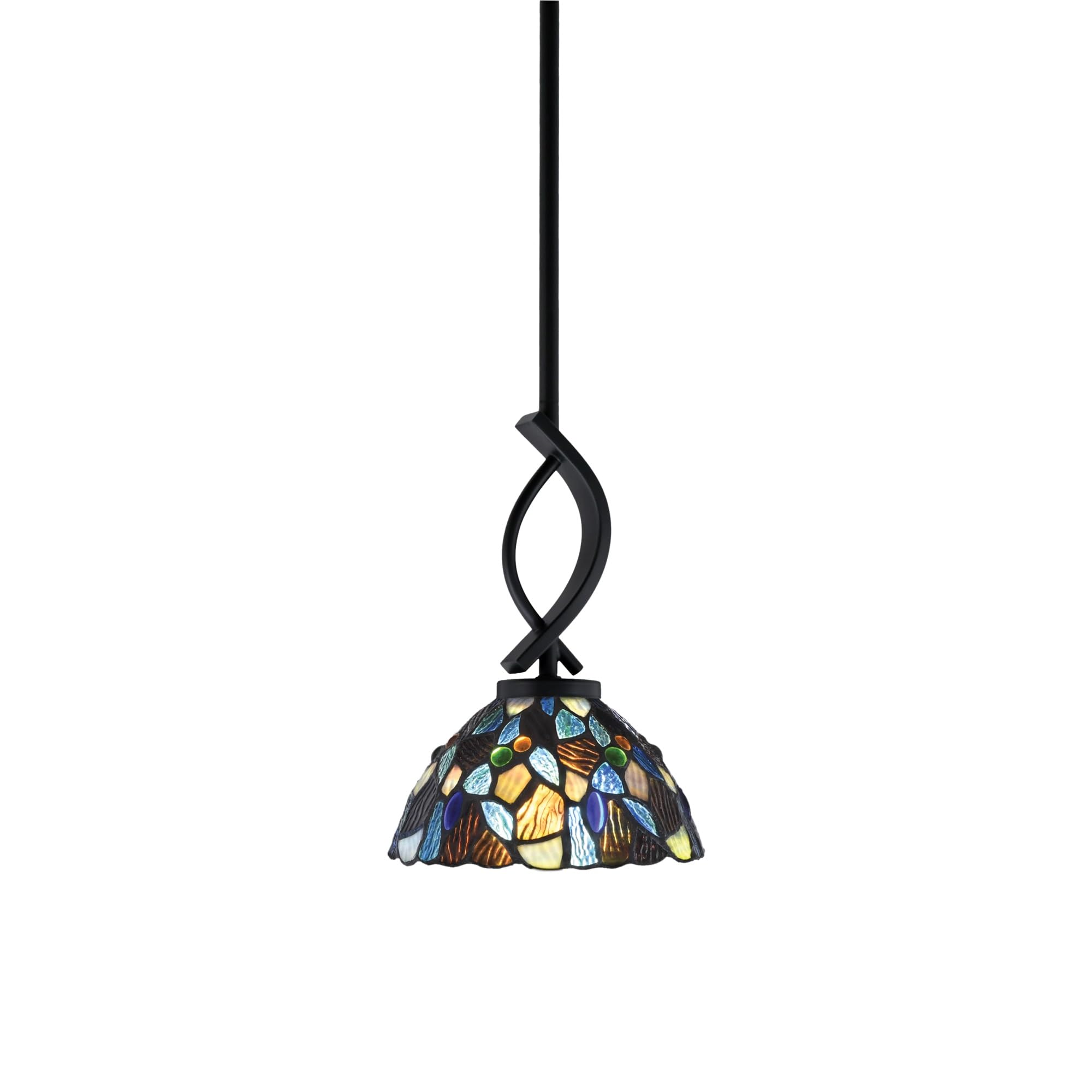 Cavella 1 Light Stem Mini Pendant Shown in Matte Black Finish with 7&quot; Blue Mosaic Art Glass