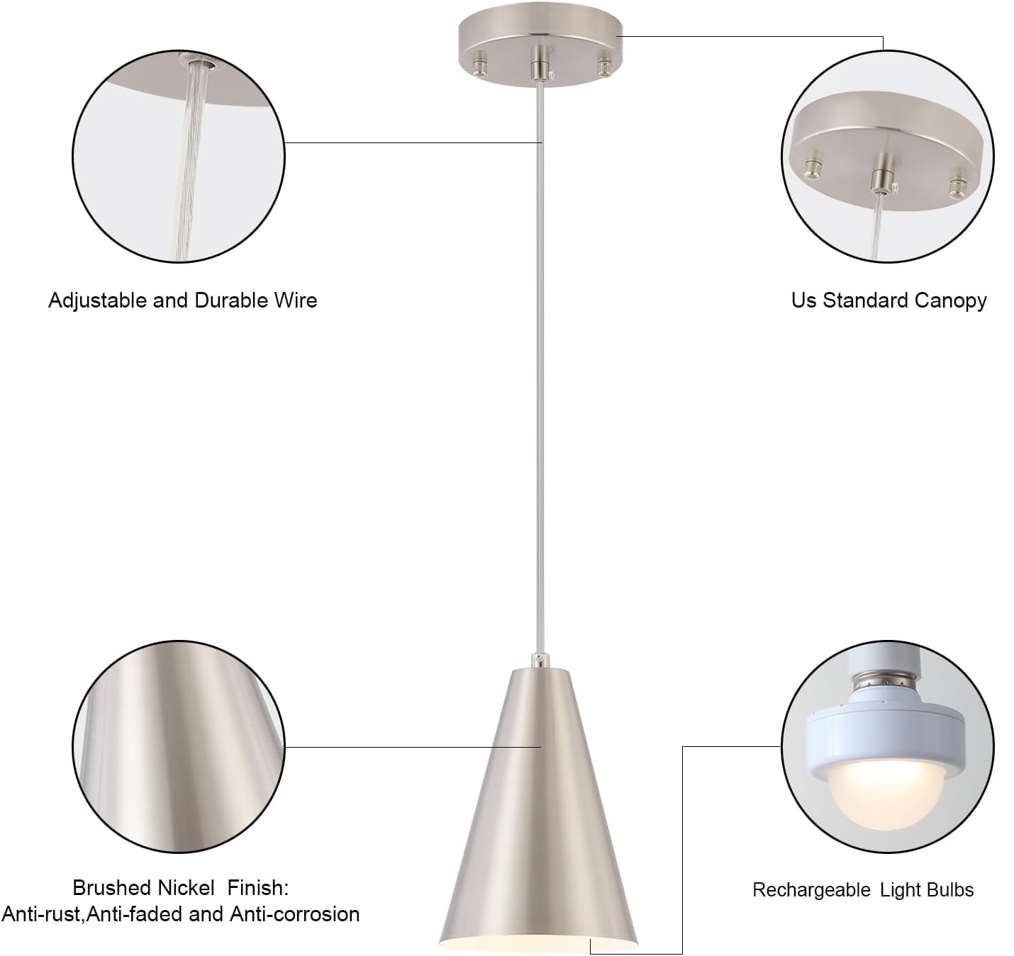 Dijiahua Brushed Nickel Pendant Lights, 3 Pack, Wireless Rechargeable RGB, Modern Metal Fixtures, Remote Control, Model P-JDH0122