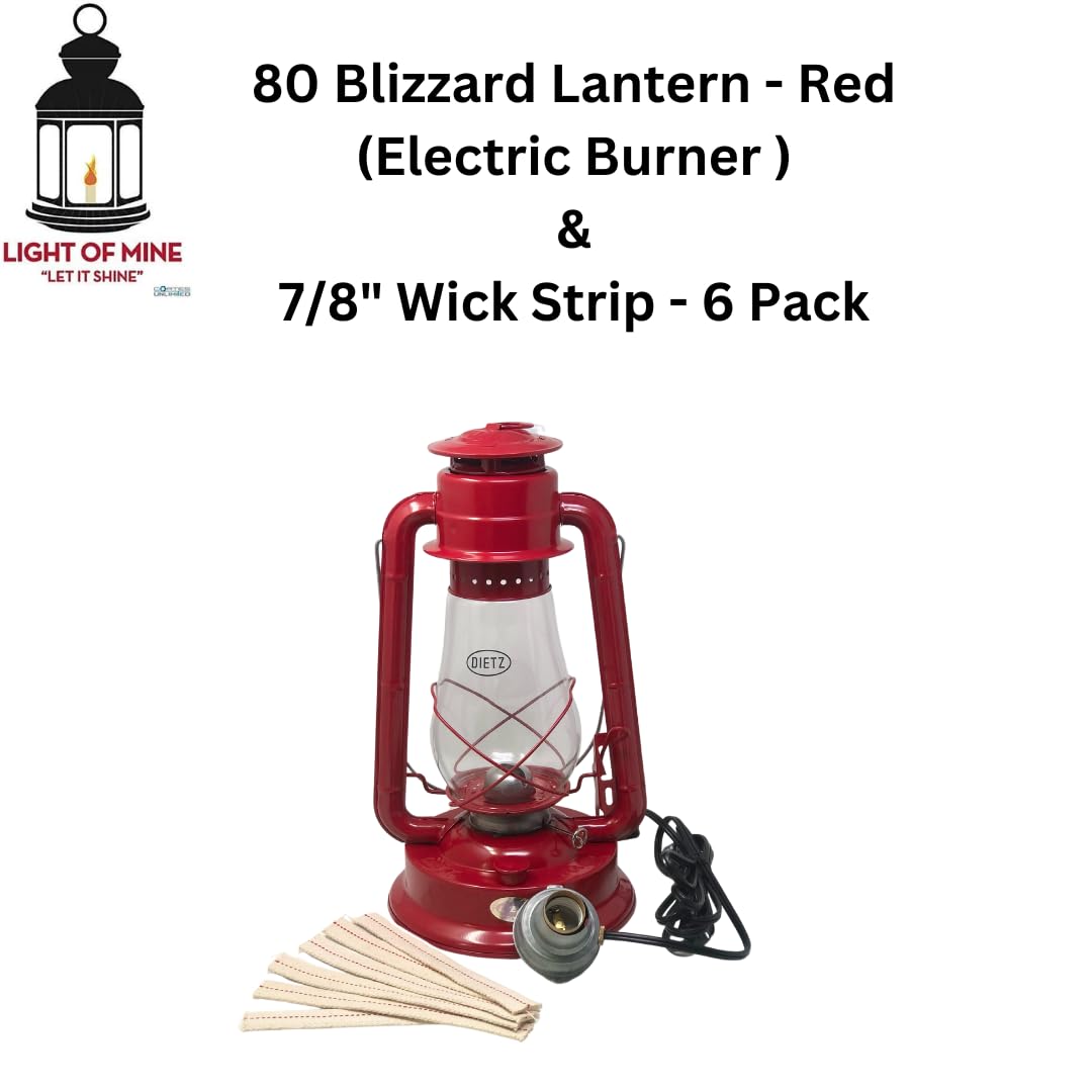 Light of Mine - Dietz #80 Blizzard Oil Lantern with 7/8 Replacement Wick Strips (Red with Electric Conversion Kit)
