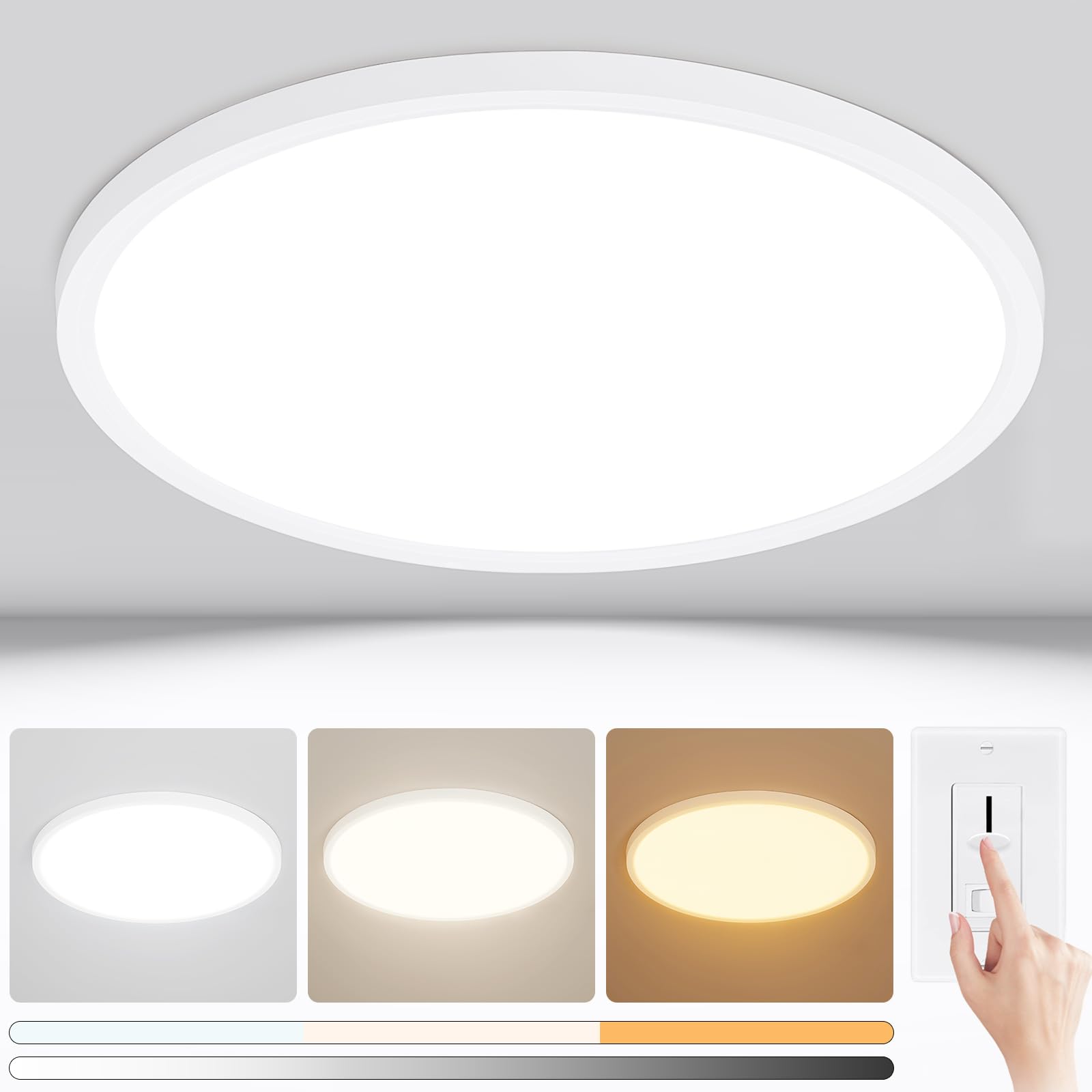 Modern 16'' Led Ceiling Light Fixture, 0.67 Inch Ultra Thin Flush Mount, Dimmable & 3000K/4500K/6000K Selectable, 28W 3500LM, Wh