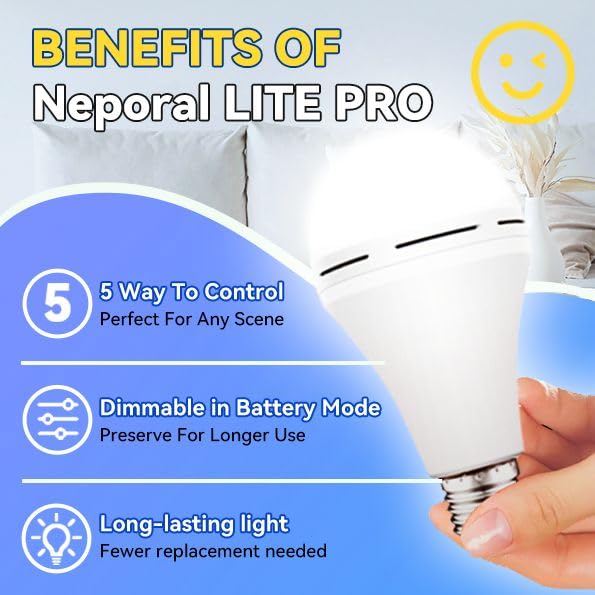 Neporal Lite Pro Battery Backup Light Bulbs, 2600Mah Rechargeable Light Bulbs, Perfect As Emergency Lights For Home Power Failur
