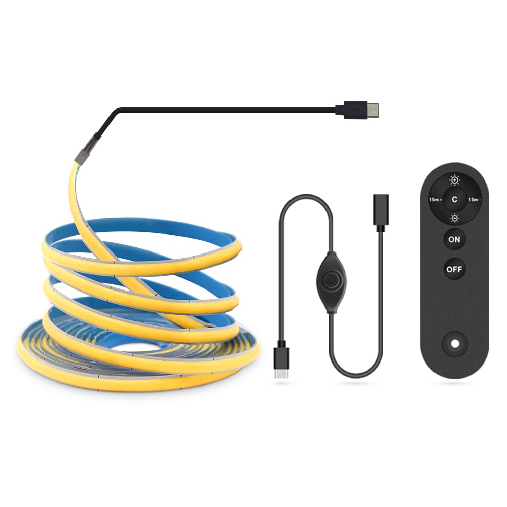 CUBITOR Dimmable COB LED Strip Light, 2M with Remote, Warm White 2700K, USB Type-C, PVC Material, Model 2M-5V-2700