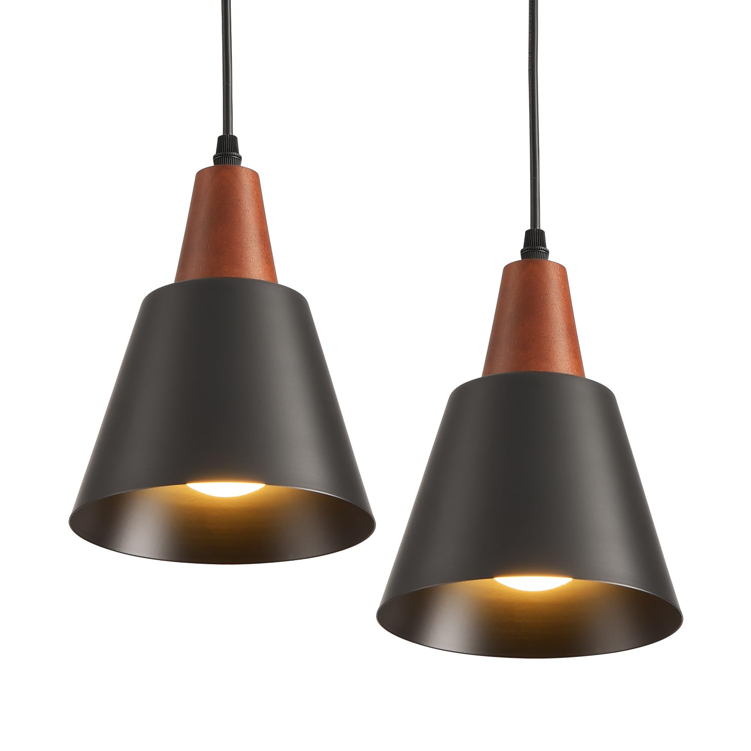 IHENGYANLT 2 Pack Pendant Lights, Black Pendant Lights Kitchen Island,Wood Dome Minimalist Industrial Ceiling Hanging Lights for
