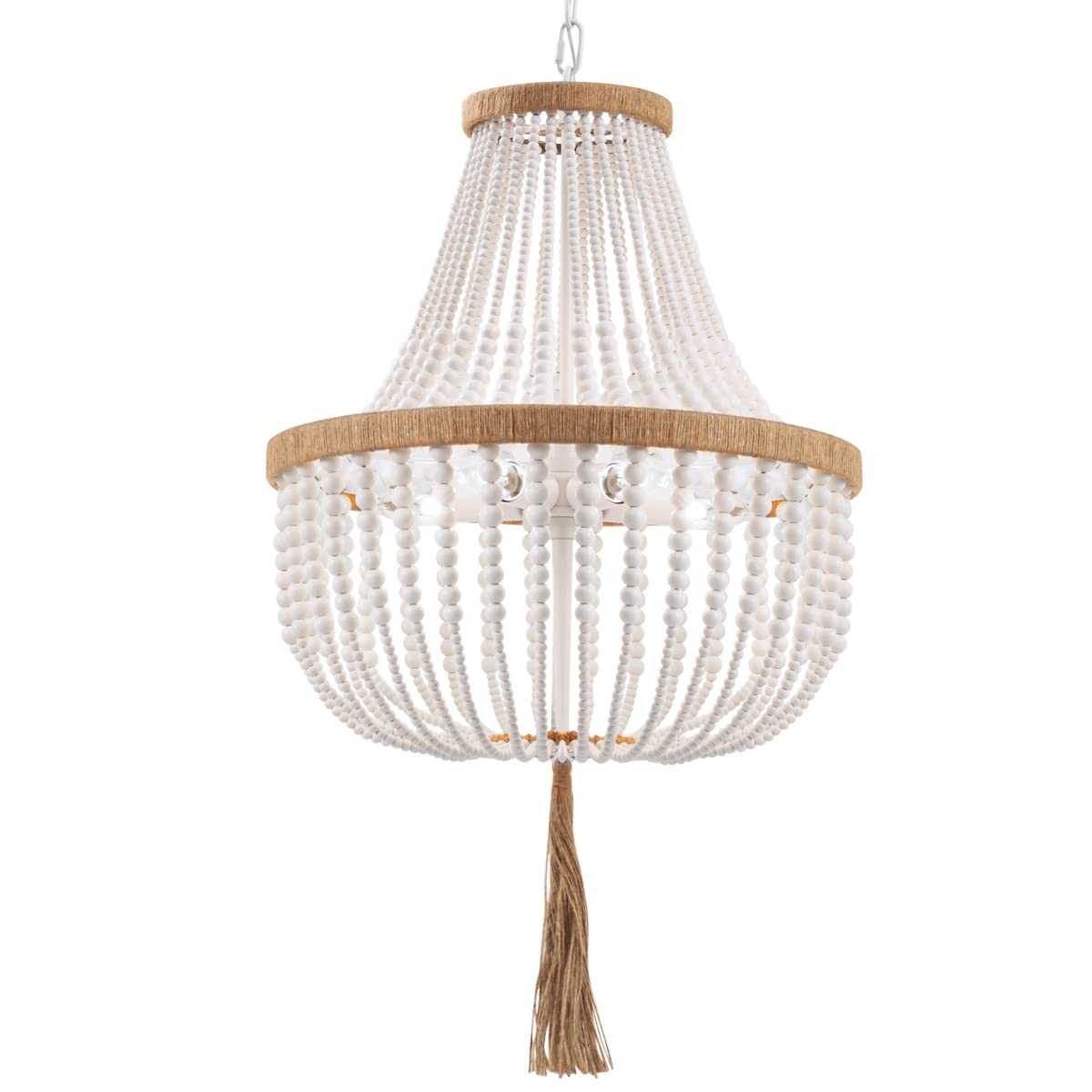 Elyccupa 4 Lights Wood Beaded Farmhouse Chandelier With Tassels Bohemia Antique Rustic Pendant Light For Bedroom Kitchen Island