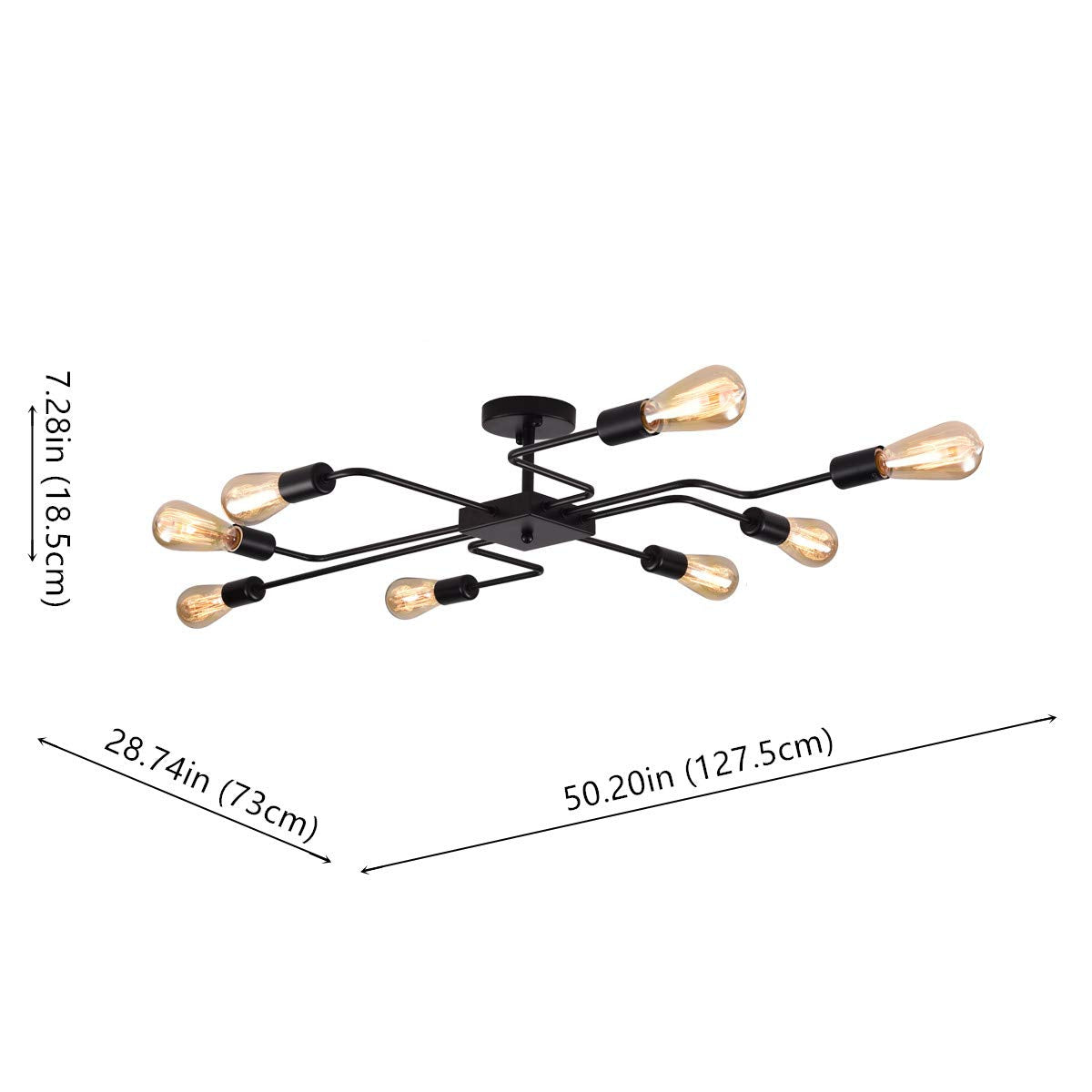 Mirrea Modern Industrial Semi-Flush Mount Metal Ceiling Lighting For Rectangular Room 8 Lights (Black Painted)