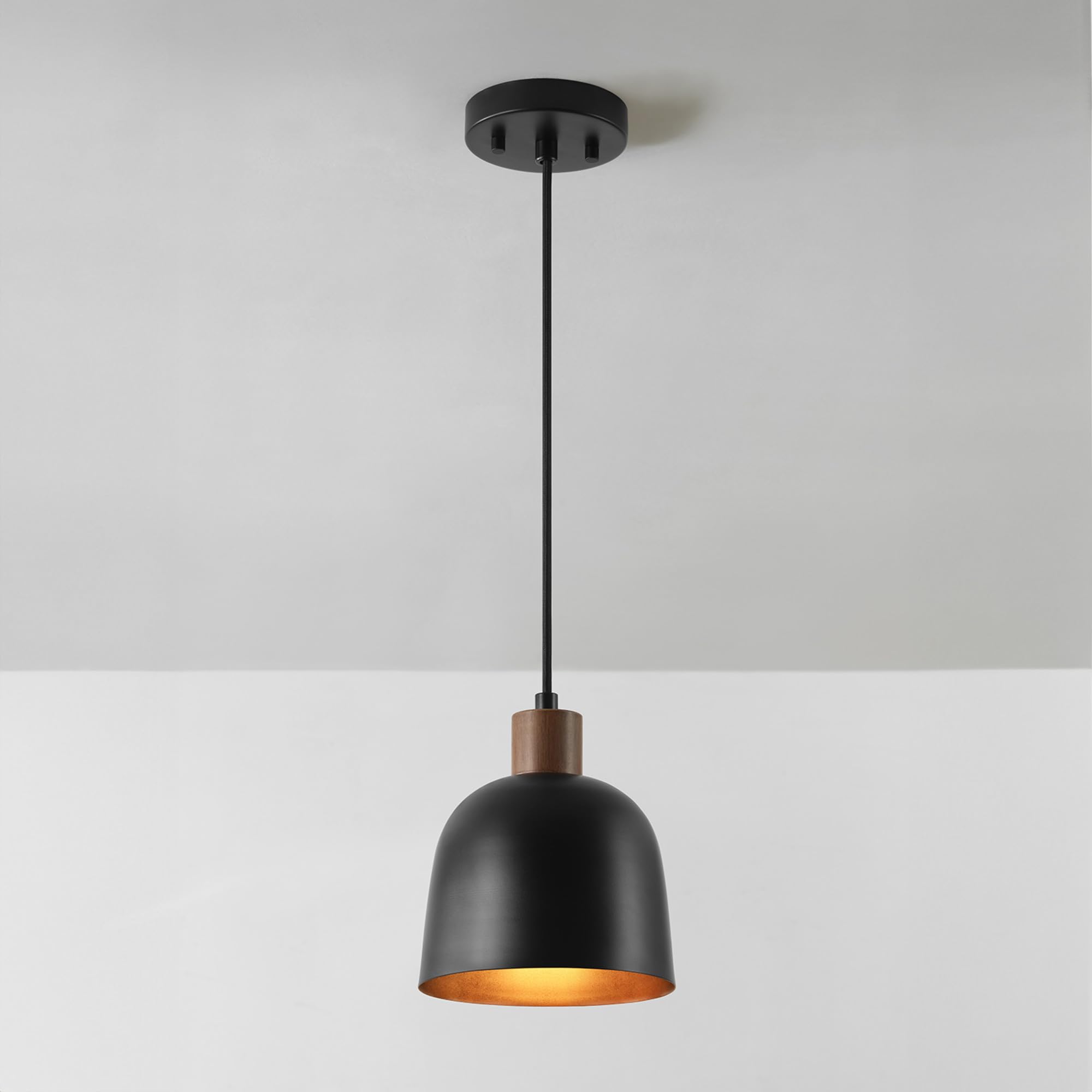 Globe Electric 67000193 1-Light Pendant Lighting, Matte Black, Wood-Toned Accent On Socket, 5Ft Black Fabric Cord, Home Improvem