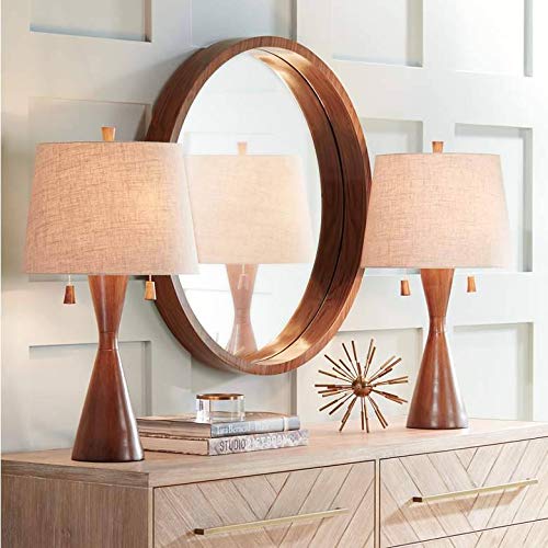 360 Lighting Omar Mid Century Modern Chic Style Table Lamps 28.75'' Tall Set of 2 Warm Brown Wood Oatmeal Tapered Drum Shade Dec
