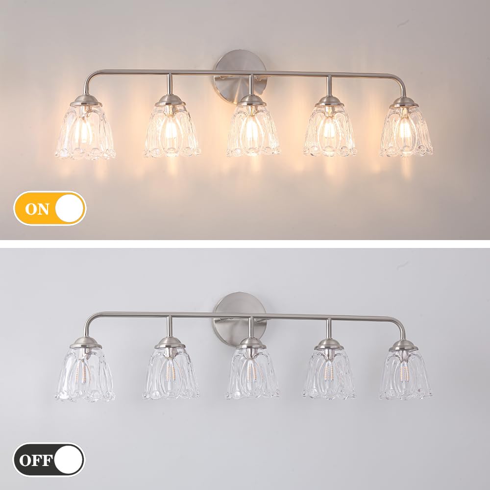 Vintage Vanity Light For Bathroom, Elegant Bathroom Vanity Light With Flower Glass Shade, Brushed Nickel 5-Light Bathroom Lighti