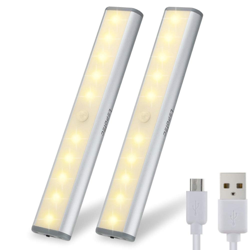 Lepotec Stick On Cabinet Light, 10 Led Motion Sensor Under Counter Light, Usb Rechargeable, Silver Warm White, Model W20Led-3, 2 Pack