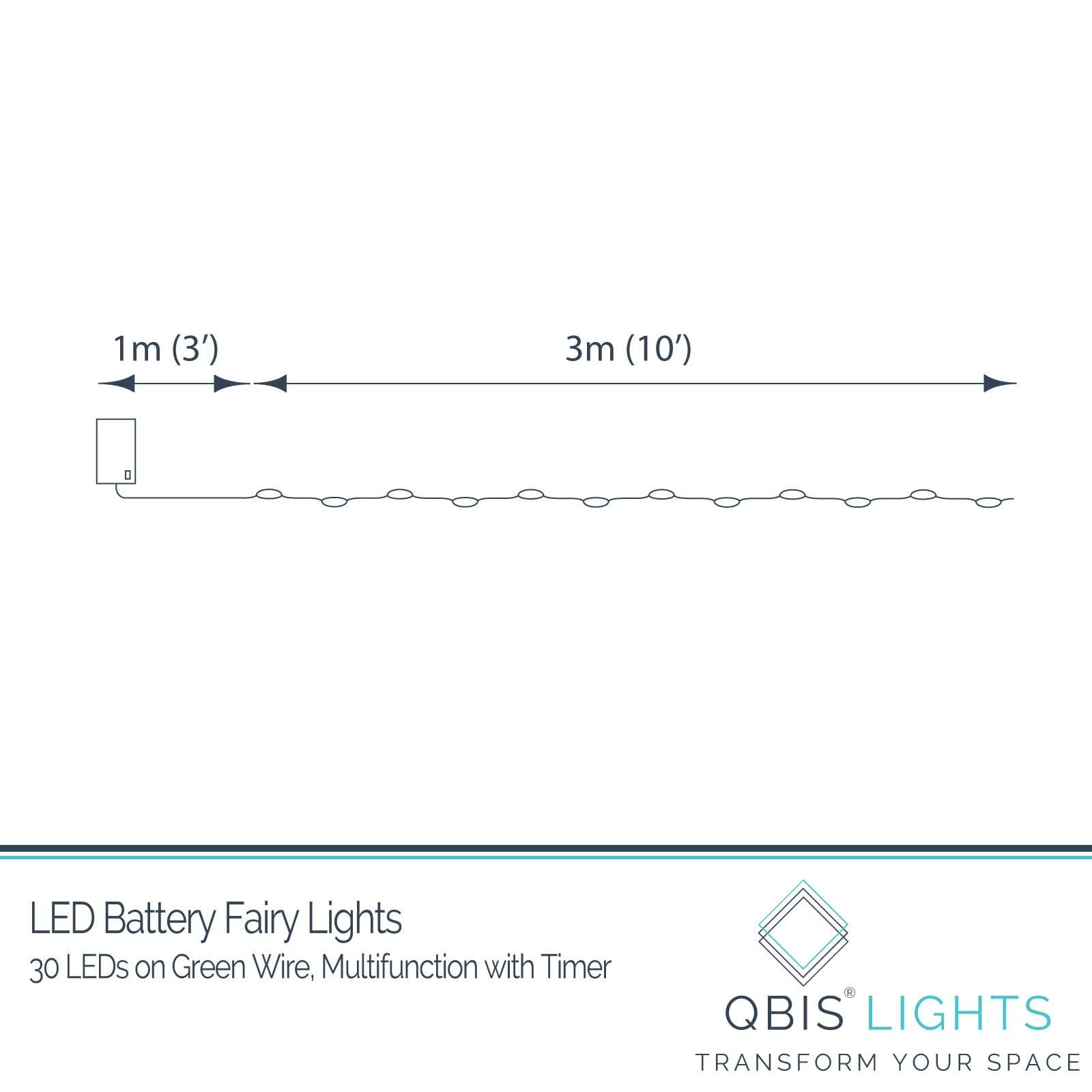 QBIS Warm White LED Fairy Lights, 30 Battery Operated Indoor/Outdoor String Lights, Waterproof, Green Wire, Model M30STR-BAT-WW-GR-MF