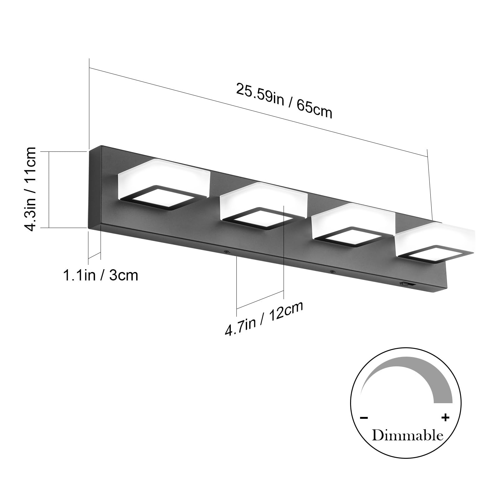 Ralbay 5 Color Temperature 4 Lights Black Vanity Lights Dimmable Acrylic Modern Led Black Bathroom Vanity Lighting Fixtures