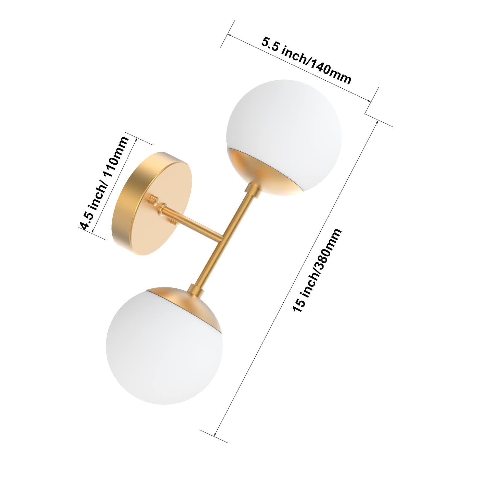 Tipace Gold Wall Sconce 2 Lights, Mid Century Modern Globe Wall Light, Golden Globe Wall Sconce For Restaurant Living Room Bedsi