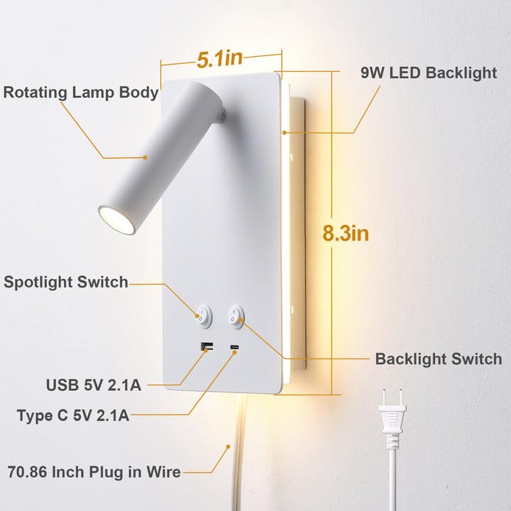 Moluola Led Wall Lamp Wall Mounted Reading Lights Set Of 2, Adjustable Headboard Plug In Wall Sconce With Usb C+A Ports, Headboard Bedside Lamp With 9W+3W Night Light 3000K (White)