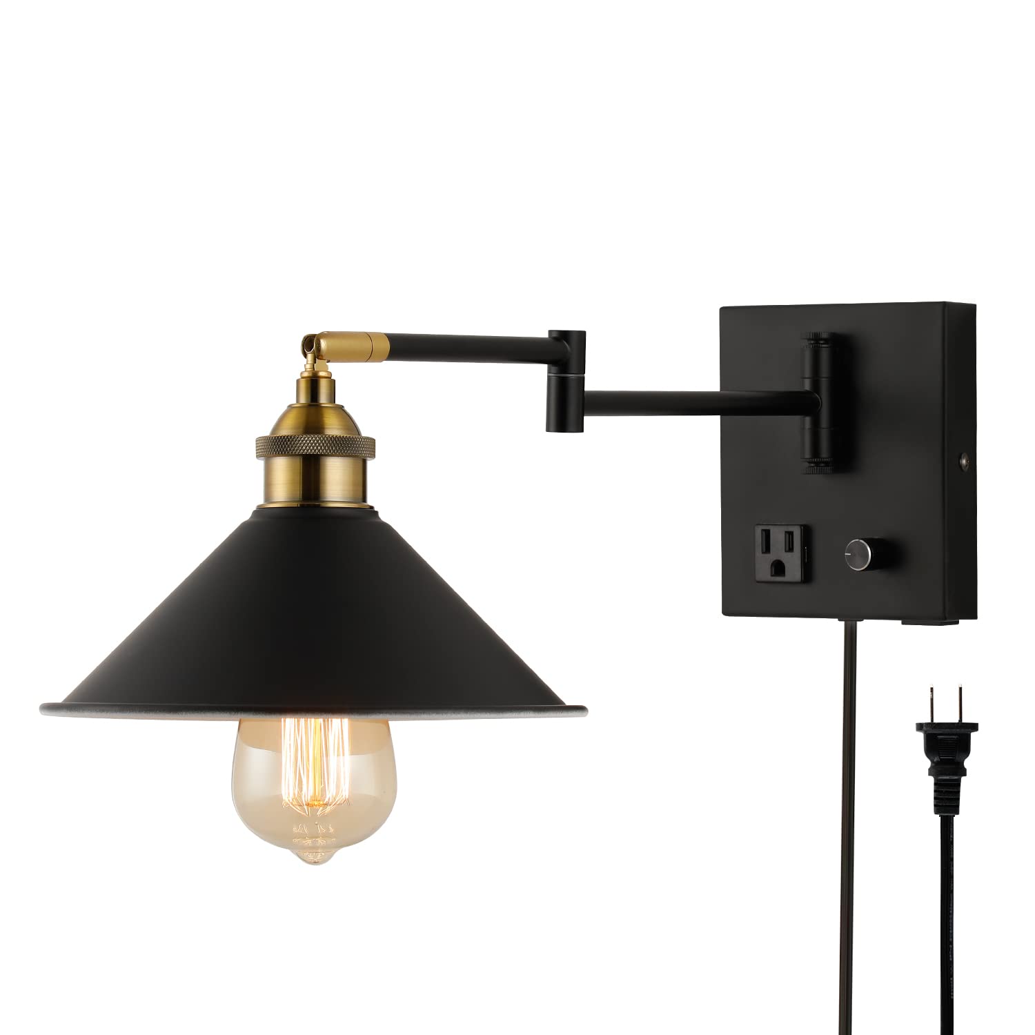 Affsure Bedside Wall Mount Light with Dimmable Switch and Outlet, Swing Arm Metal Shade Wall Sconce Light with USB Port and Plug