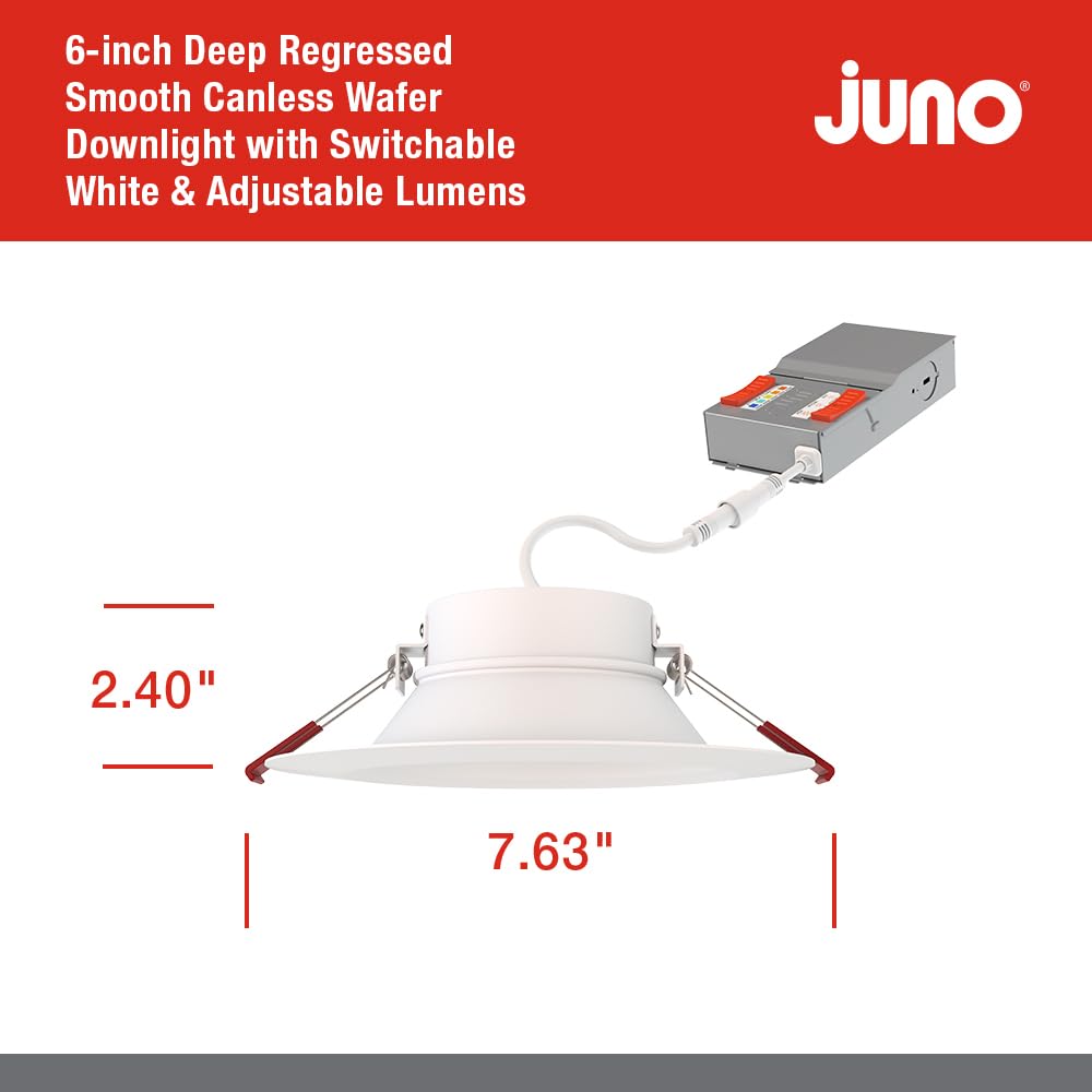 Juno Wf6 Dreg Sm Alo20 Sww5 90Cri Mw M6 Canless Wafer Recessed Led Downlight, Deep Regressed Smooth Trim Style, 6-Inch, Matte White