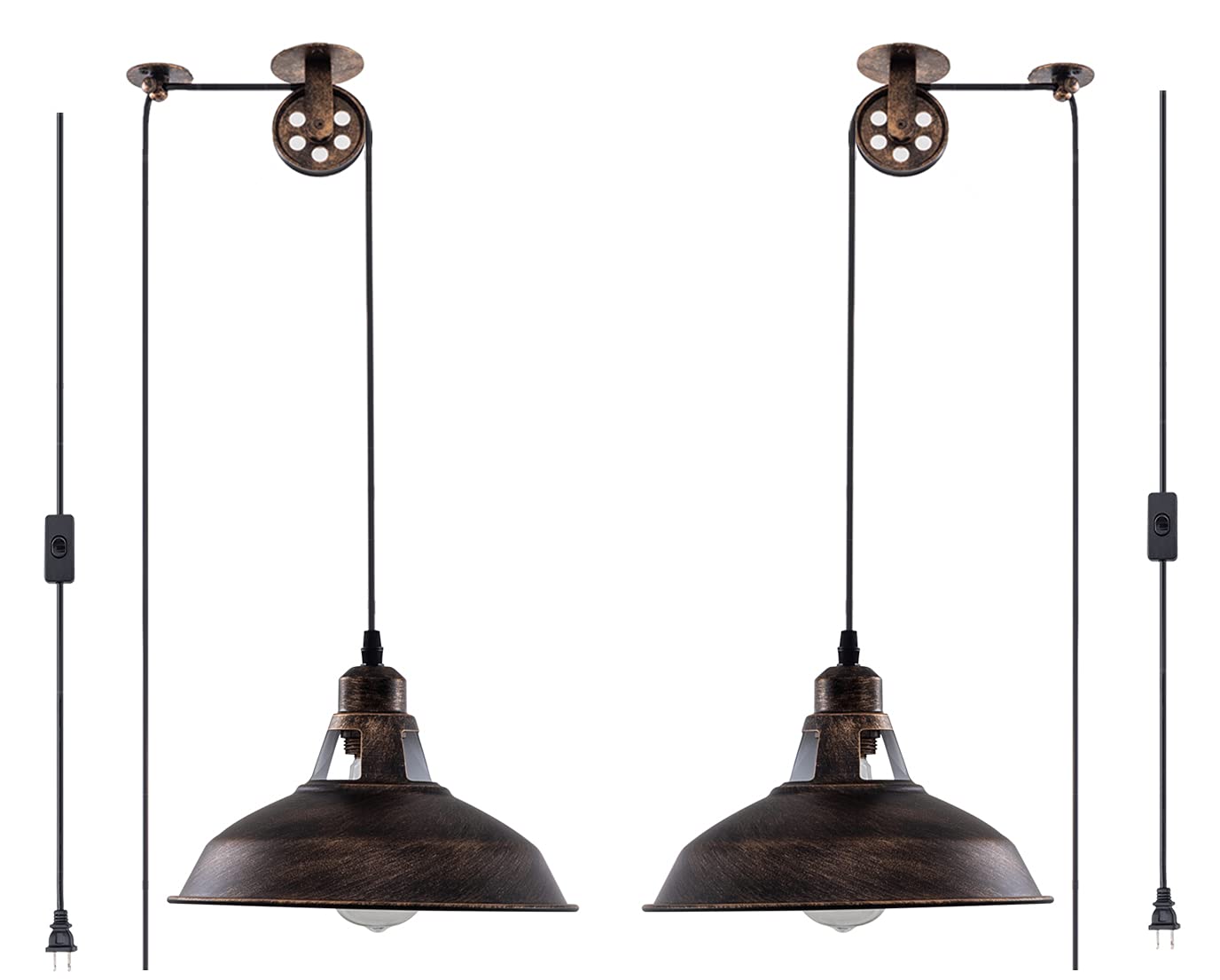 Lovefindahome Industrial Pulley Pendant Light E26 Aged Bronze 16.4ft Cord On/Off Switch, 2 Pack, Vintage Hanging Fixture