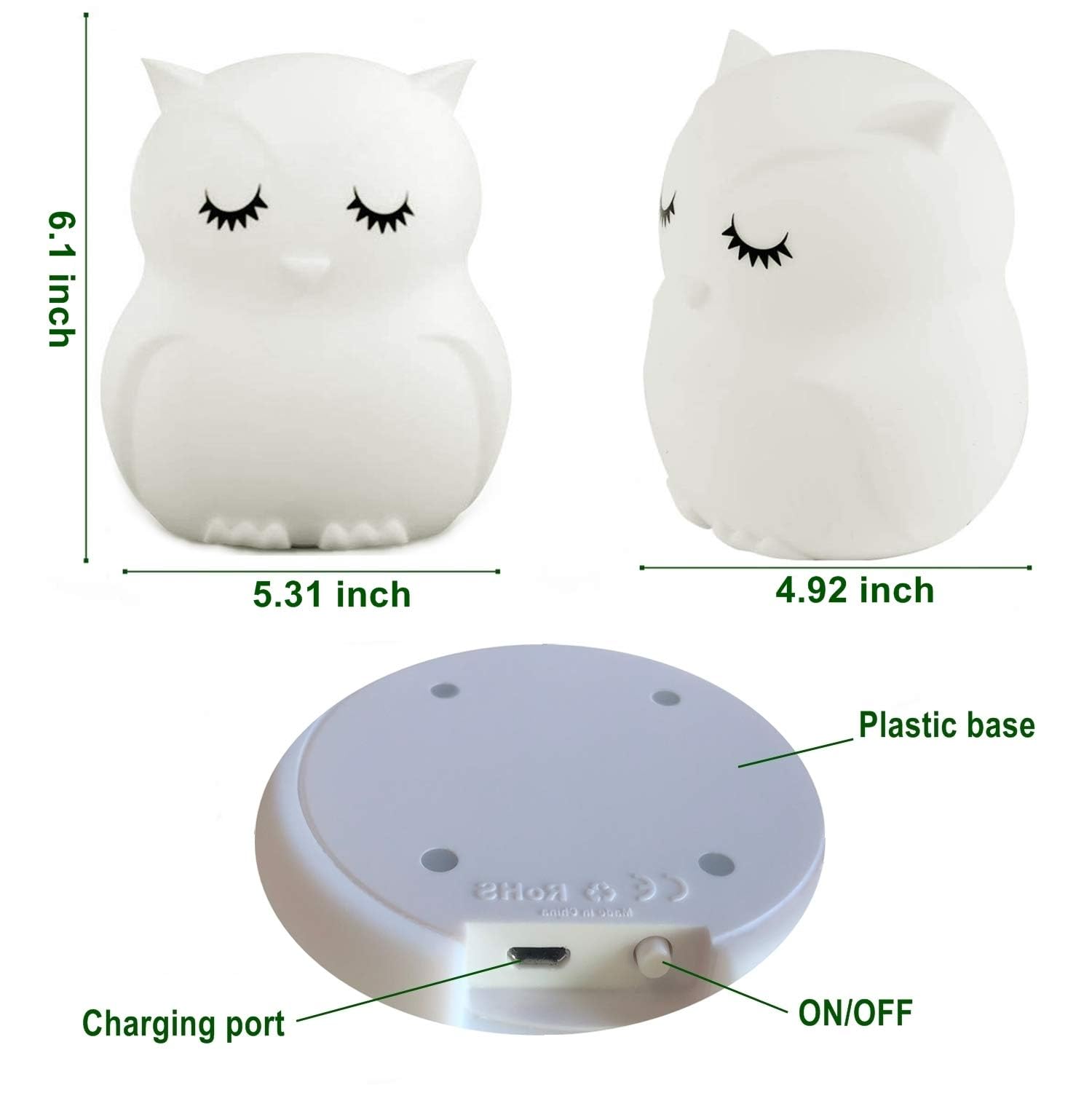 Tekemai Big Size Owl Night Light for Kids, Silicone Bedside Lamp, Multicolor, Remote Control, Adjustable Brightness, White, Model TC859-8