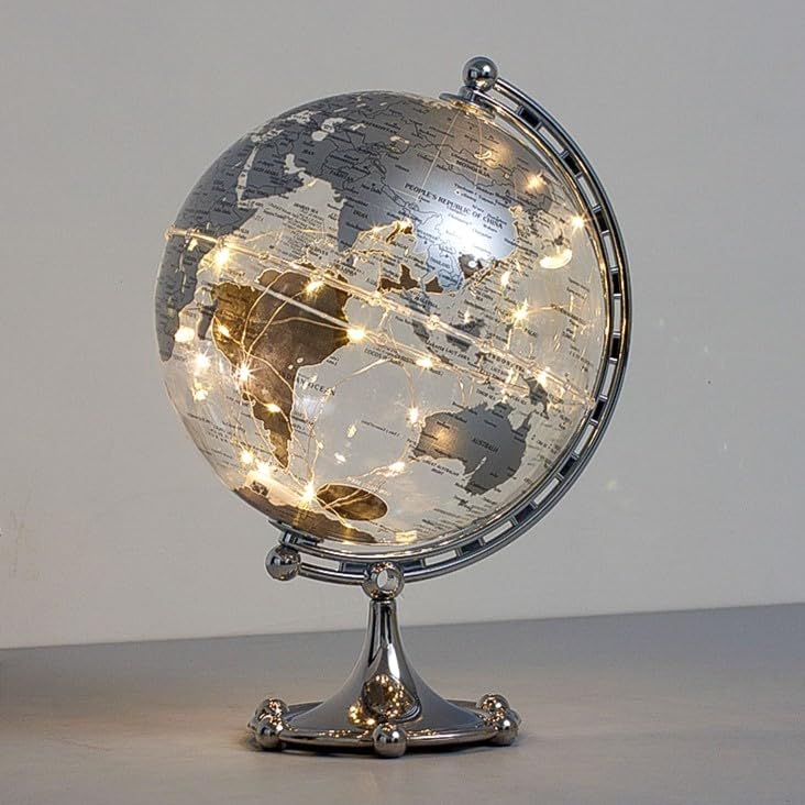 Silver Earth Globe, Diam. 20 cm/7.9 inches, World Map, 3 meter String Lights, Warm White Light
