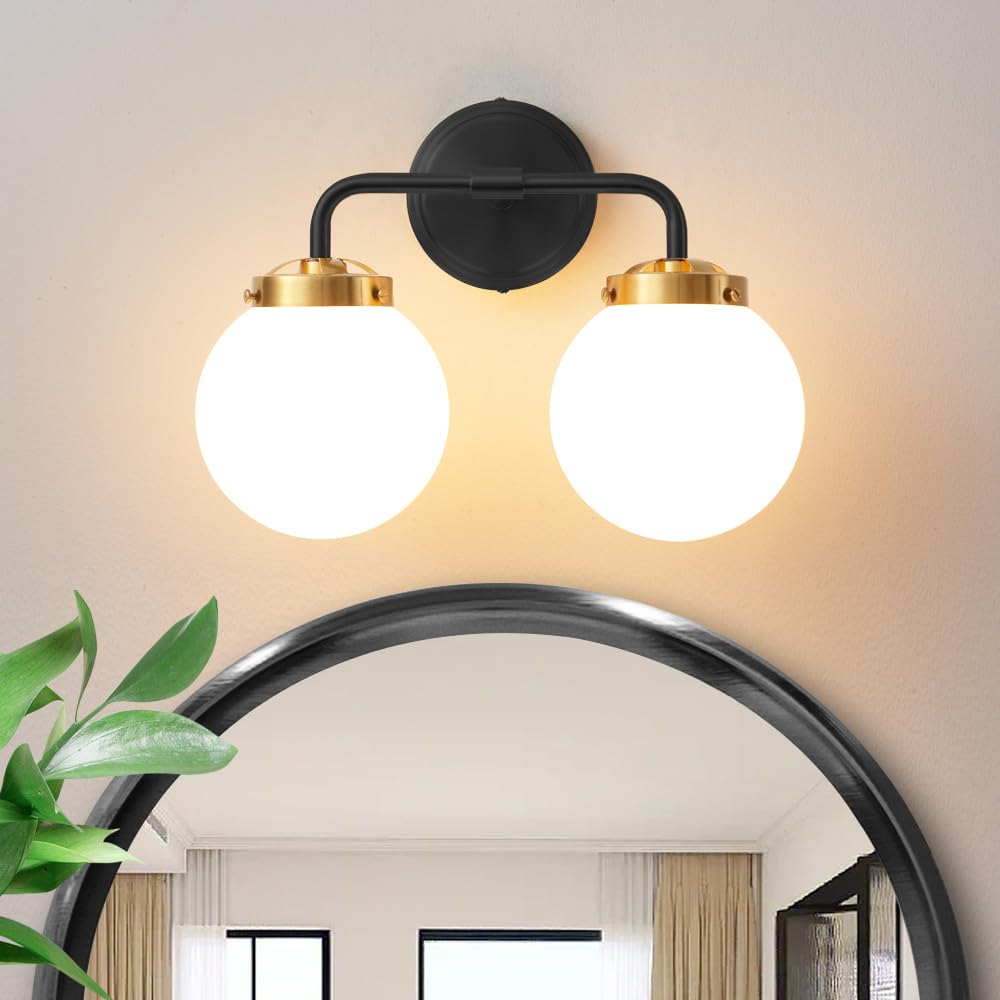 Deyidn Black Gold Bathroom Light Fixtures Over Mirror, Modern Vanity Lighting With Milk White Glass Globe Shades 2-Light Farmhou
