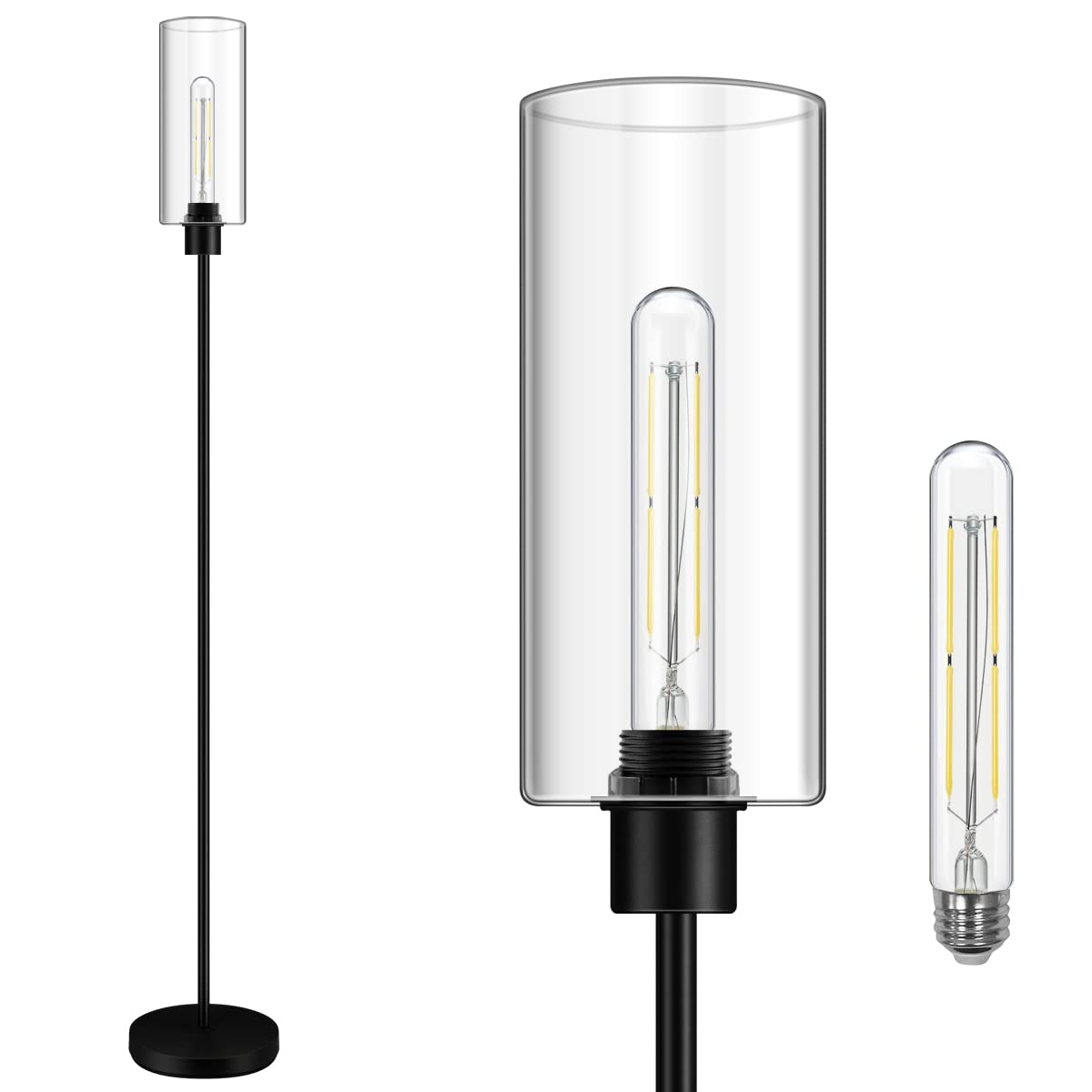 BoostArea Floor Lamp With Glass Lampshade  4W Bulb Included - Modern Standing Pole Lamp for Living Room  Bedroom  Office  Kids Room  Reading