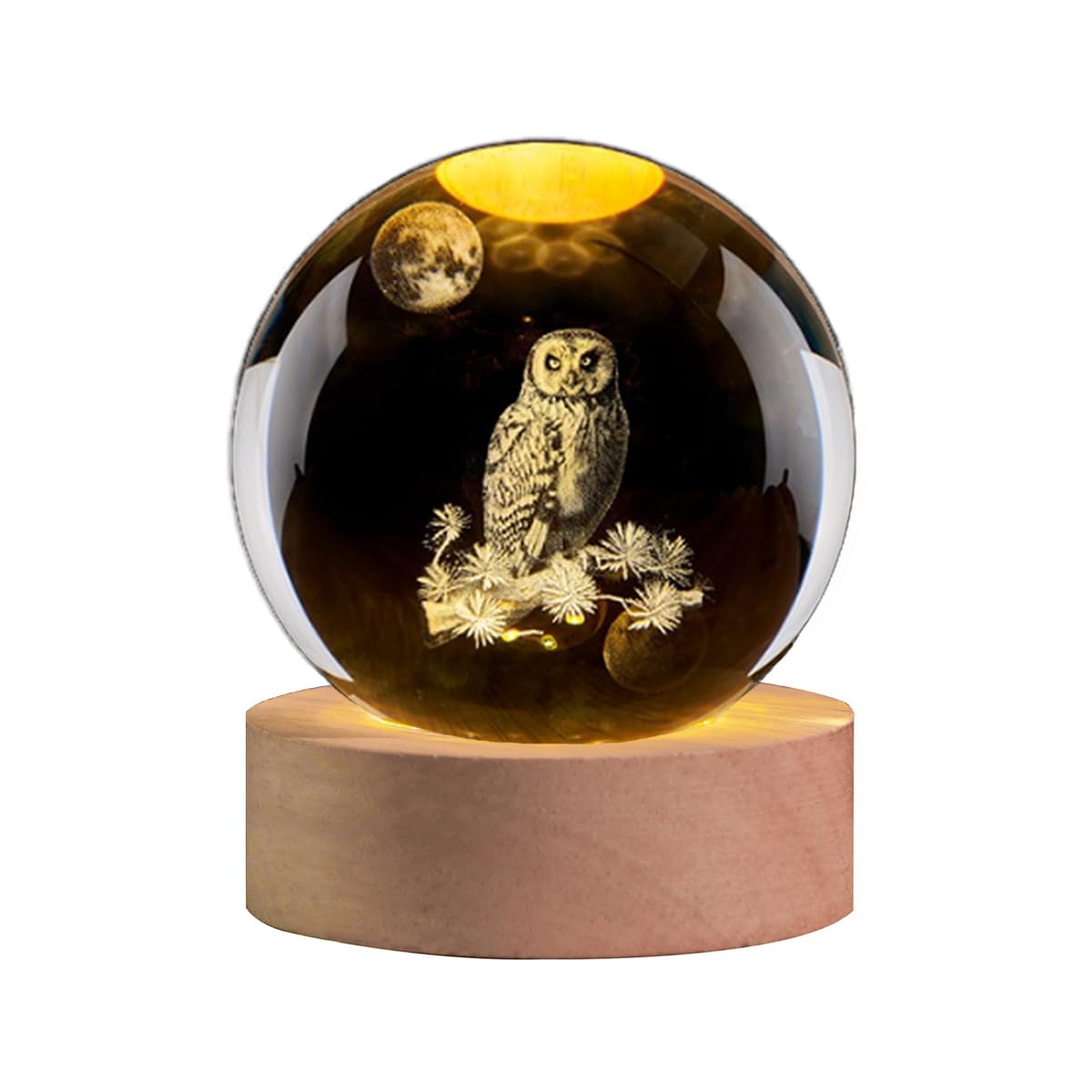 QIANCHANG 3D Owl Crystal Ball Night Light with LED Stand,Crystal Owl Figurine Lamp,Laser Etched Engraved Glass Paperweight,Owl D