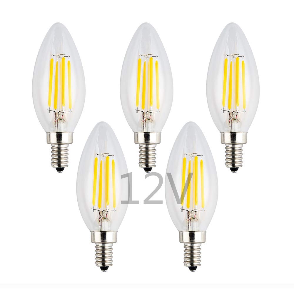 OPALRAY 12V/24V DC LED Candle Bulb, Dimmable with 12V DC Dimmer, 4W 400Lm, 2700K Warm White Light, E12 Small Base, Clear Glass T