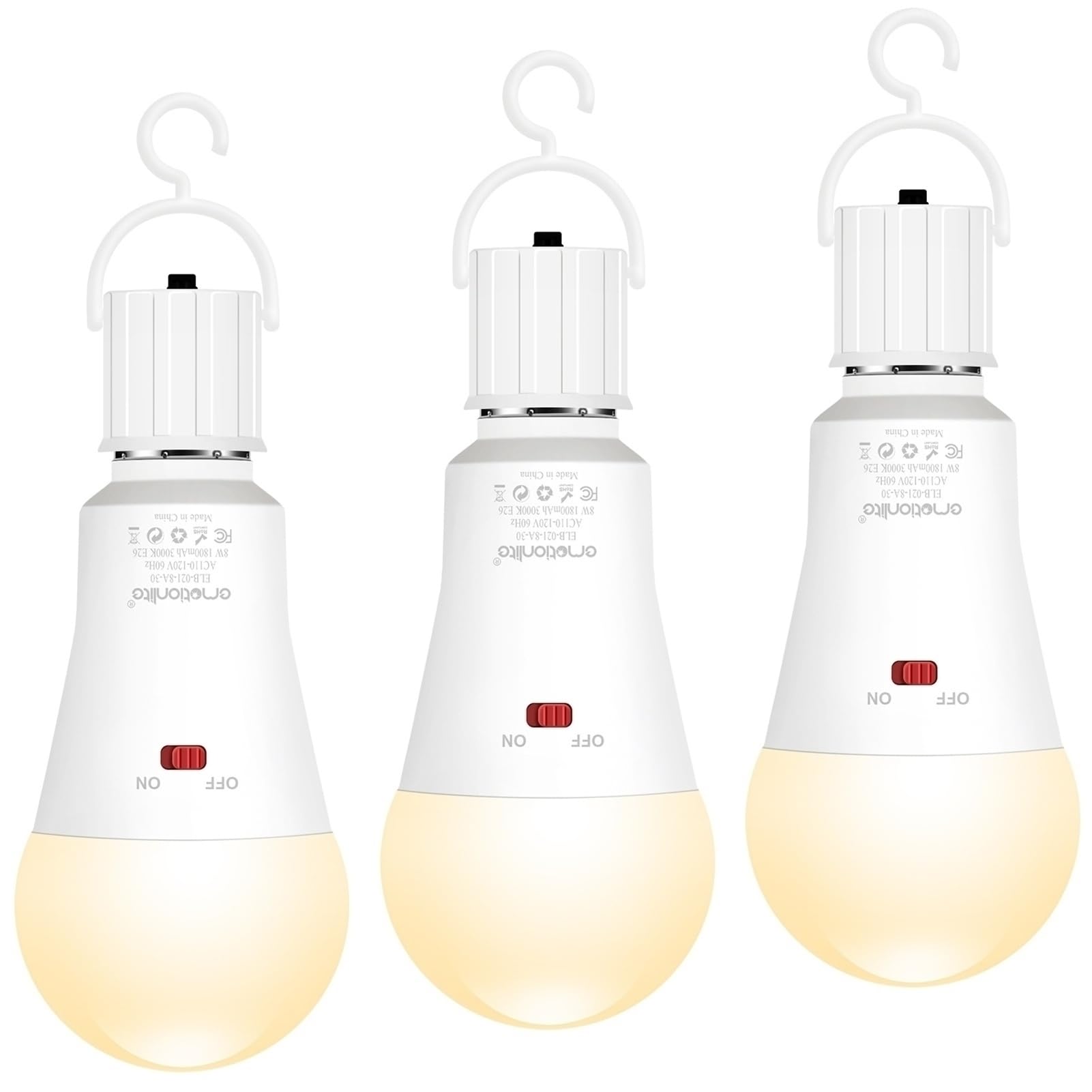 Emotionlite Rechargeable Emergency Light Bulb, 1800mAh Battery, Warm White, E26 Base, 3 Pack