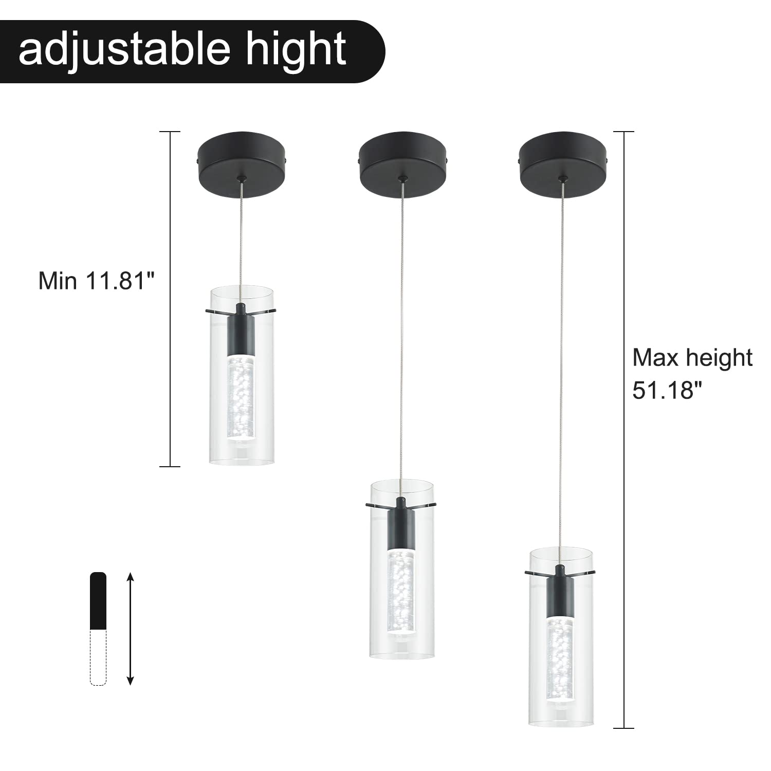 BESTWEST Black Pendant Light, Modern Kitchen Island Fixture, Glass, 3 Pack, BW-03, Sand Black