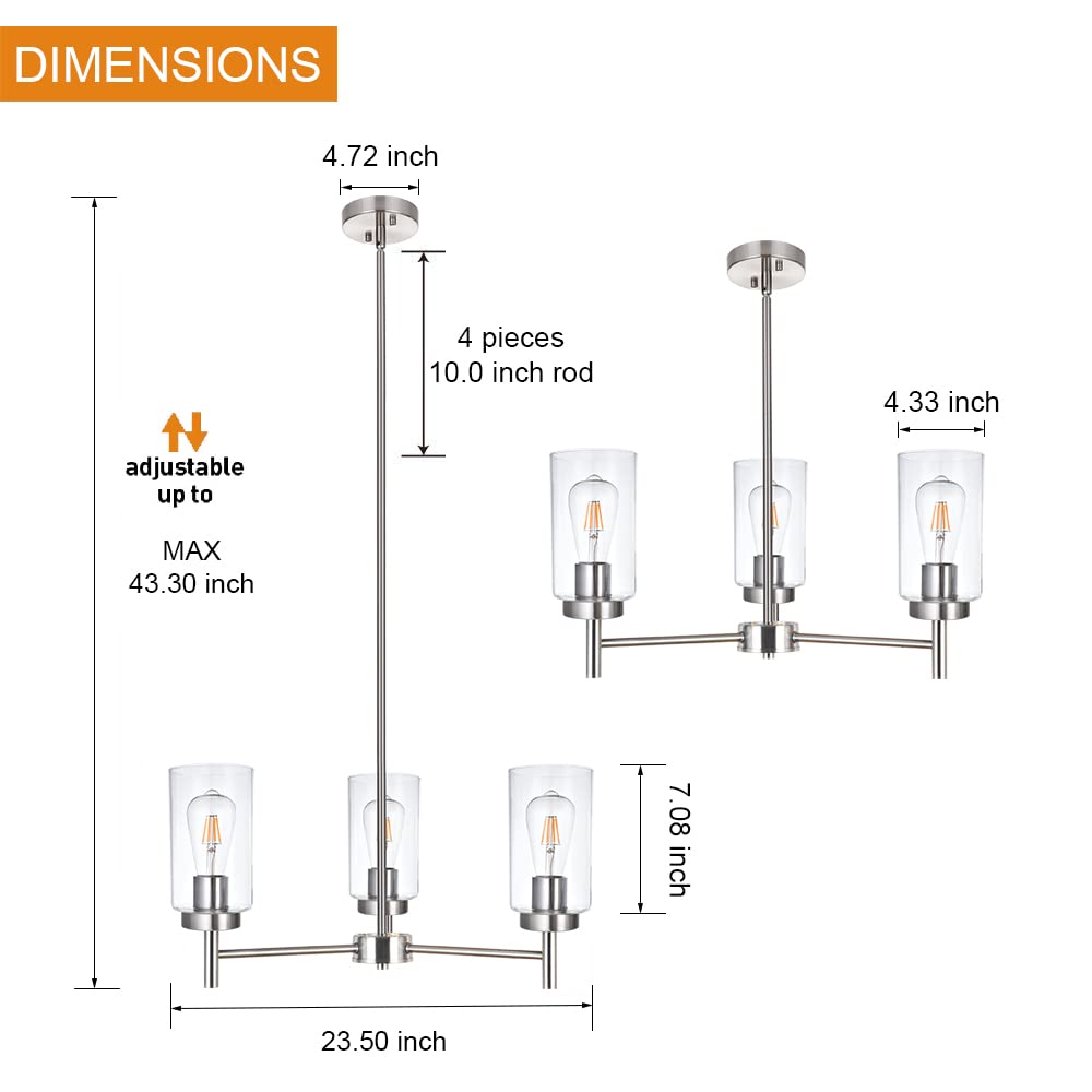 VINLUZ 3 Light Modern Chandeliers Metal Ceiling Fixture Brushed Nickel Industrial Pendant Lighting Model 1810-3-13