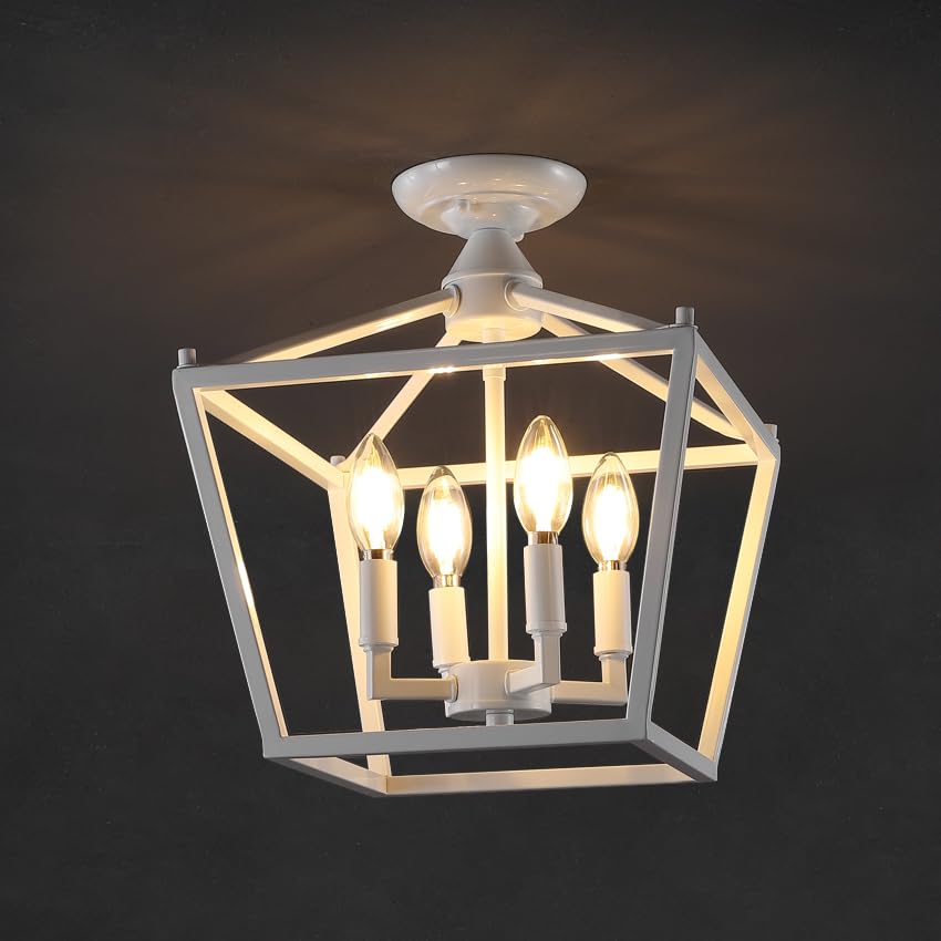 JONATHAN Y Mini Lantern 4-Light Flush Mount 12in Iron White JYL7610E for Office, Living Room, Bedroom, Hallway