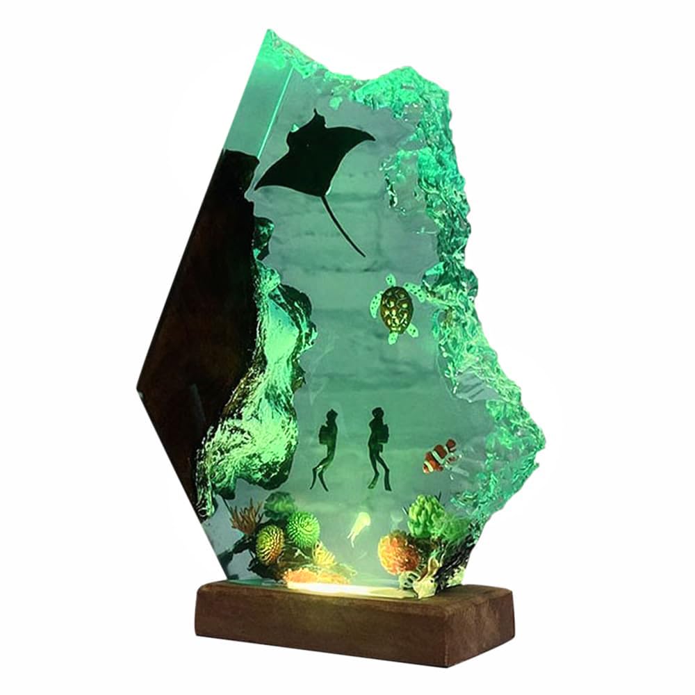 Handmade 3D Ocean Resin Lamp - USB Powered Resin Ocean Night Light with Wooden Base  Variable Lights  Scuba Diver Gifts  Diving Enthusiast Collectibles  Unique Thanksgiving Day and Christmas Gifts