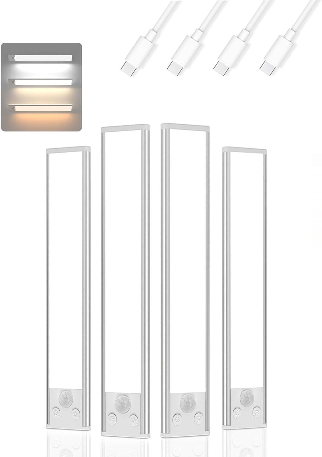 Under Cabinet Lighting, 3 Color Magnetic Motion Sensor Lights Indoor, 4 Pack USB Rechargeable Closet Lights 2500mAh Battery Oper