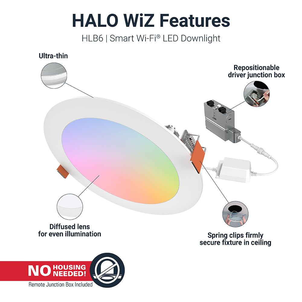HALO 6" Smart Wi-Fi Canless LED Downlight, Dimmable Full Color, Model HLB6099WZRGBWMWR