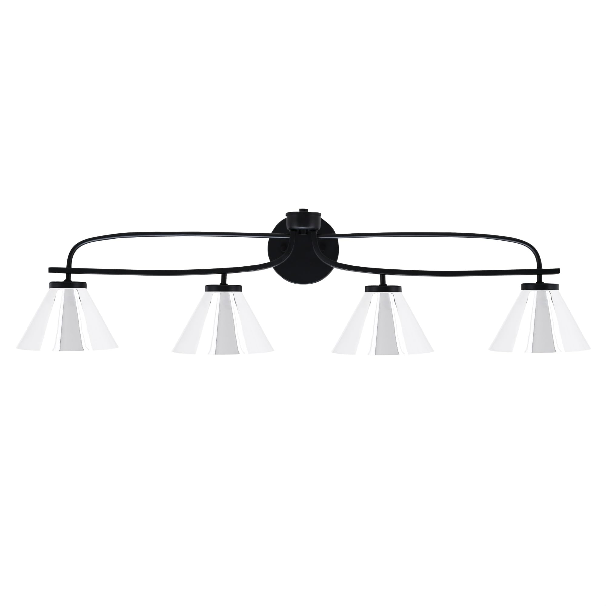 Cavella 4 Light Bath Bar Shown In Matte Black Finish With 7" Chrome Cone Metal Shades