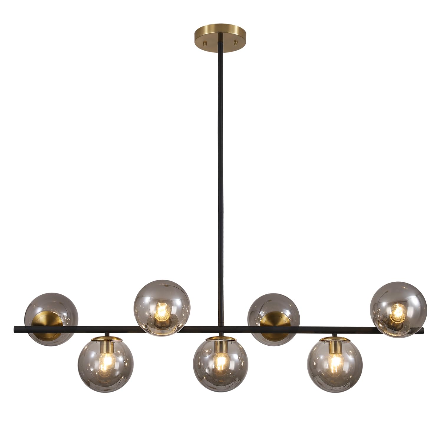 KCO Black and Gold Linear Pendant Lighting 7-Light Smoke Glass Globe Chandelier Model L1043-BS