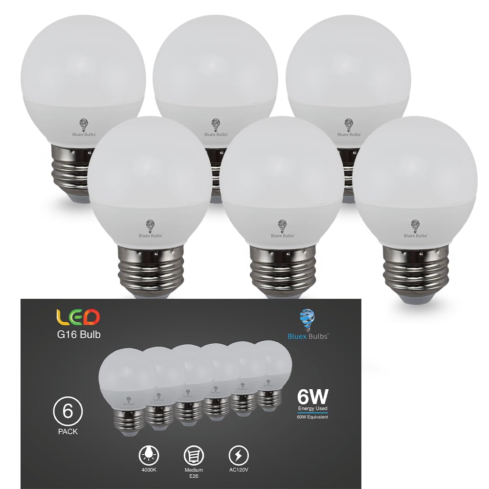 Bluex Bulbs 6 Pack G16 Led Light Bulbs - 6W 550 Lumens 4000K Cool White E26 Base 120V - Mini Led Light Bulbs Suitable For Chande