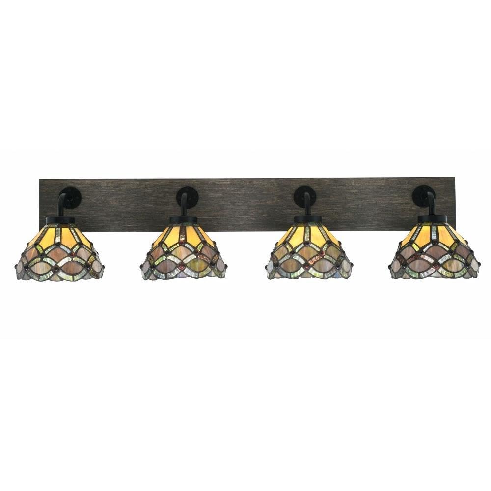 Toltec Lighting 1774-MBDW-9435 Oxbridge - 4 Light Bath Bar-8.5 Inches Tall and 37.75 Inches Length, Finish Color: Matte Black/Painted Distressed Wood-Look Metal, Glass Color: Grand Merlot Art
