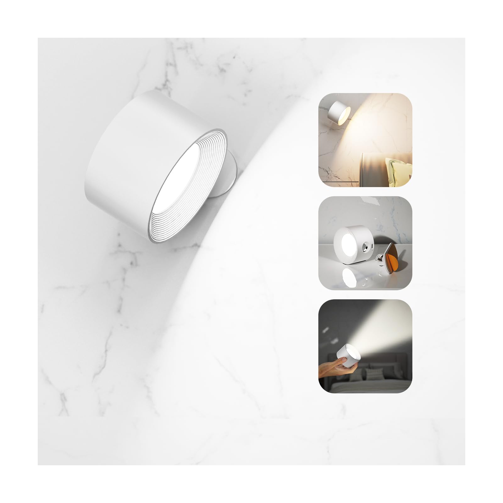 Deyagoo Led Wall Sconce - Cordless Rechargeable Lamp, 3 Color Temps, 360° Magnetic, White