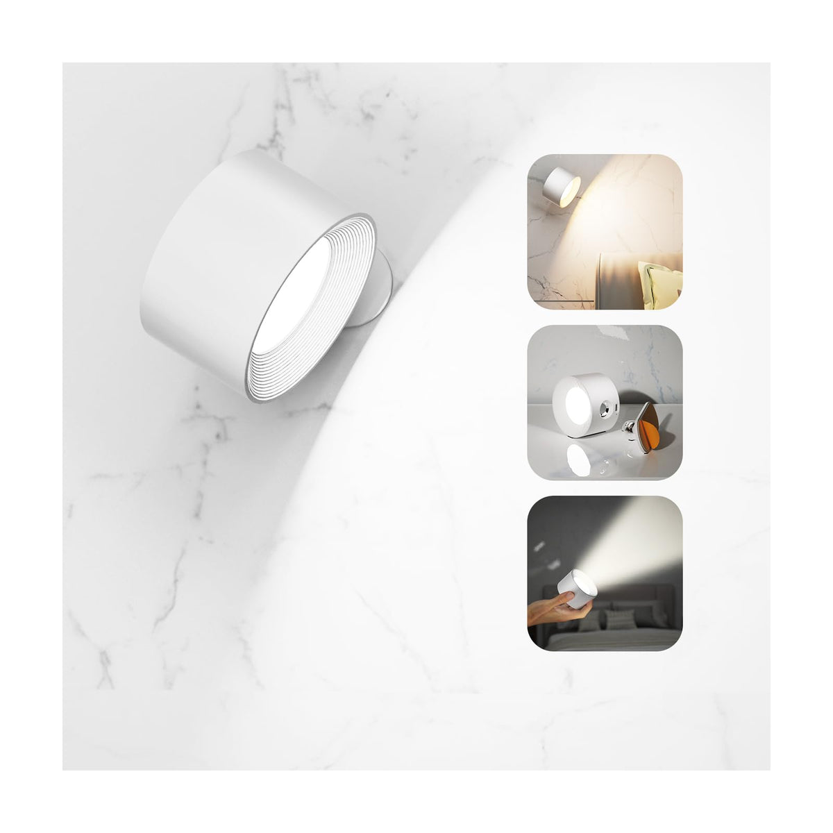 Deyagoo Led Wall Sconce - Cordless Rechargeable Lamp, 3 Color Temps, 360° Magnetic, White