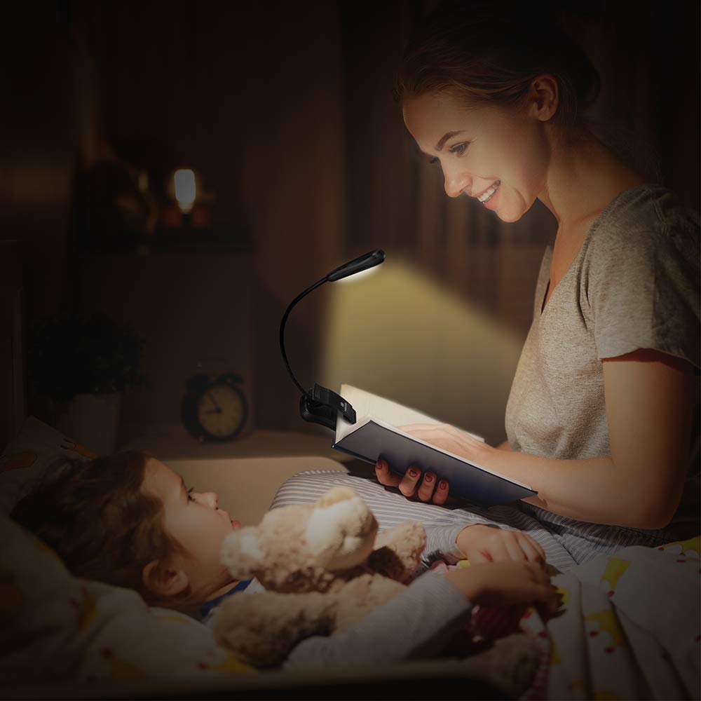 Vekkia BK-07 Rechargeable Book Light Set, Black Clip-On Reading Light with 3 Brightness Levels, Eye-Care LED, Includes Travel Case & Charger