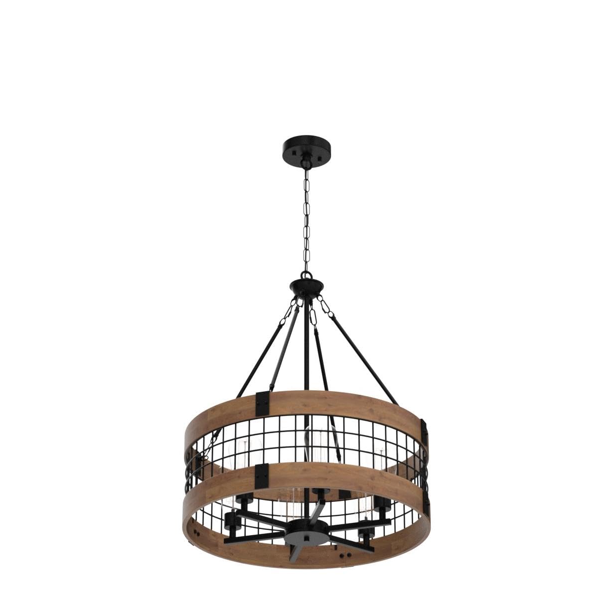 6-Light Farmhouse Wood Chandelier For Dining Room, Rustic Foyer Light Fixtures, Industrial Drum Hanging Lights For Kitchen Islan