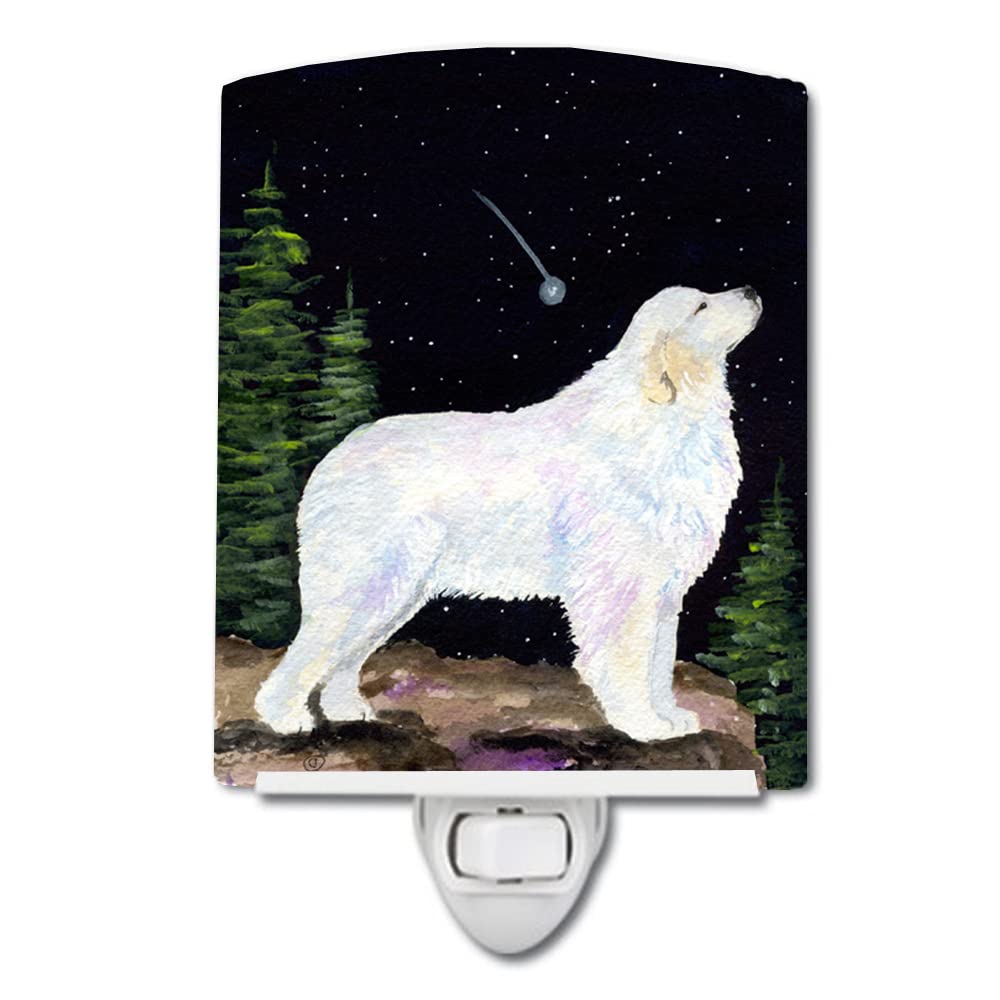 Caroline'S Treasures Ss8471Cnl Starry Night Great Pyrenees Ceramic Night Light Compact, Ul-Certified, Ideal For Bedroom, Bathroom, Nursery, Hallway, Kitchen, 6X4X3, Multicolor