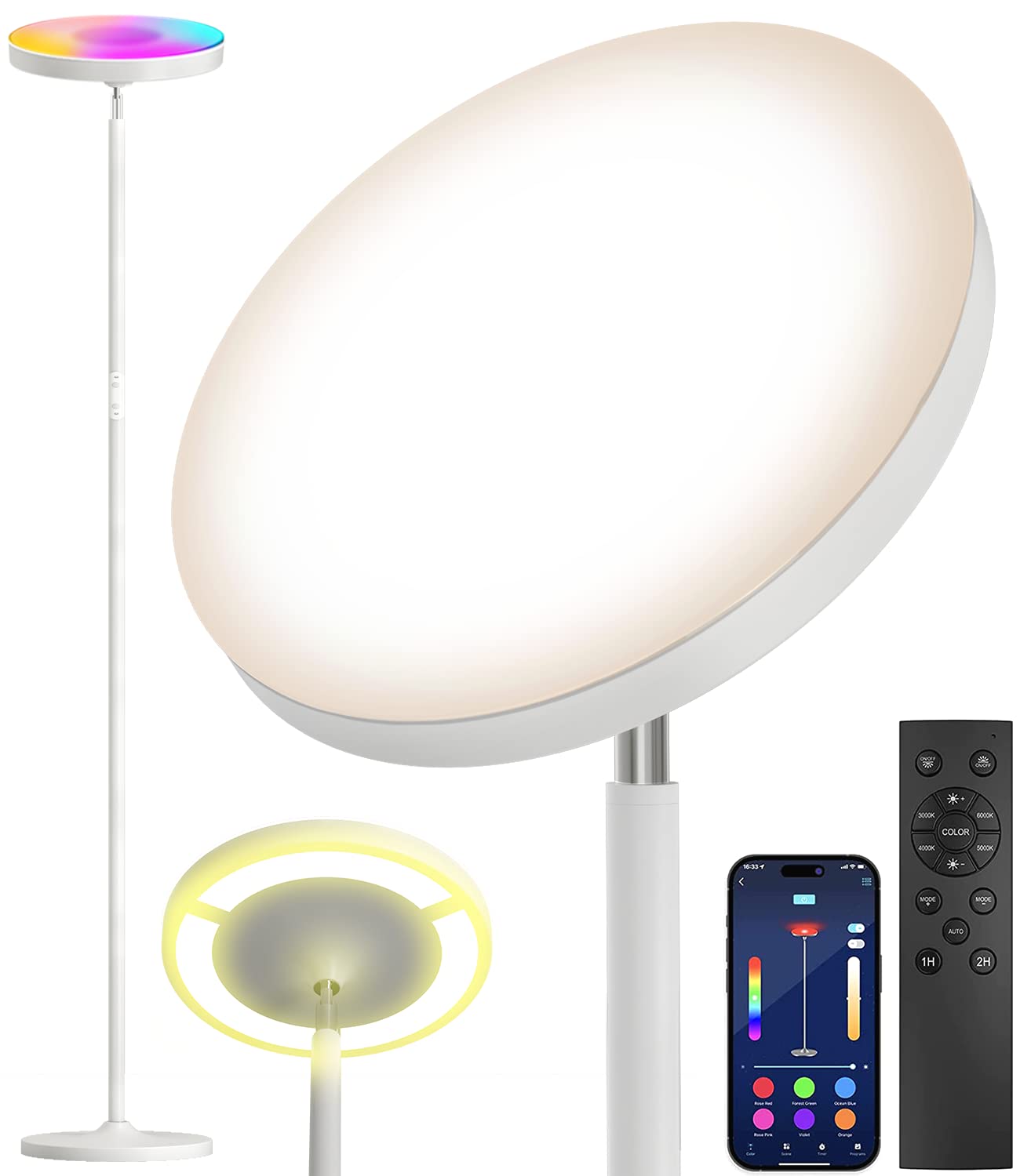 Keepsmile LED Floor Lamp with Remote, 36W 2600LM, Modern Multicolor Dimmable, White, Model KS.FF.A.024W.FC.001