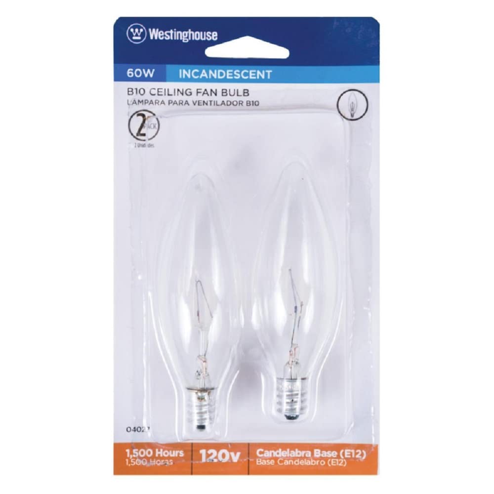 Westinghouse 4027 60-Watt, B10 Decorative Ceiling Fan Bulb, Candelabra Base, Clear, 2-Pack